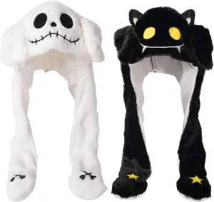 2 Pack Ear Moving Jumping Hat Funny Plush Bat Ghost Hat Cosplay Costume Accessories Earflaps Movable Ears Hat for Christmas Halloween Party Unisex2 Style White Black