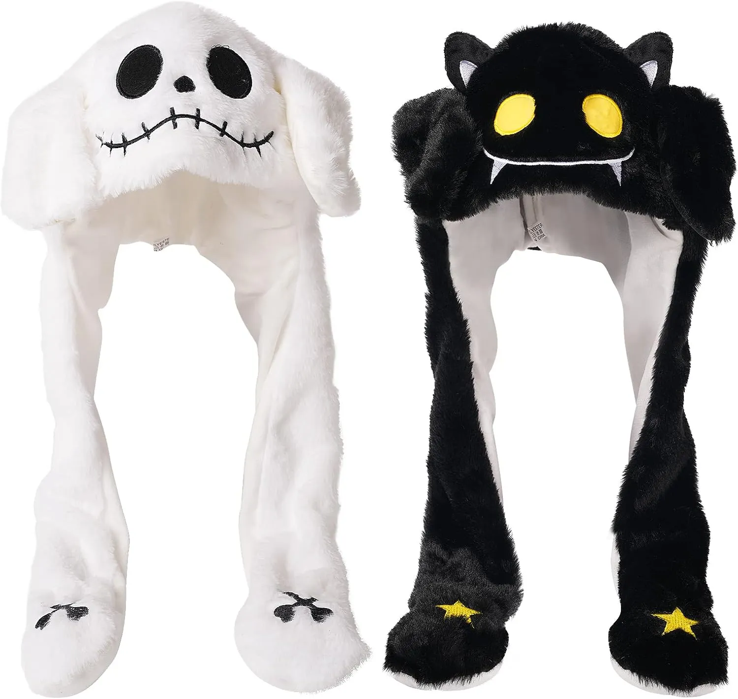 2 Pack Ear Moving Jumping Hat Funny Plush Bat Ghost Hat Cosplay Costume Accessories Earflaps Movable Ears Hat for Christmas Halloween Party Unisex2 Style White Black