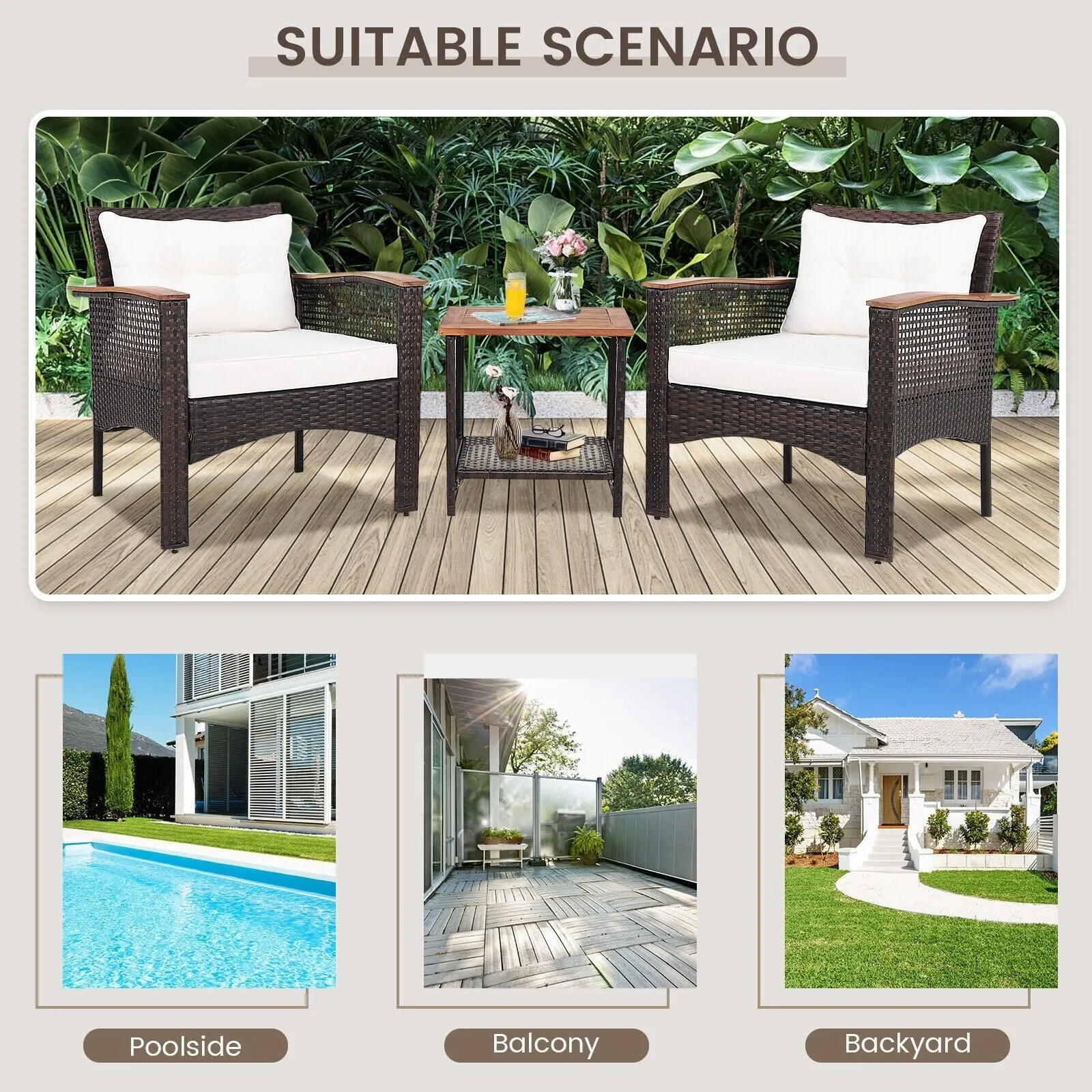 3pc Patio Rattan Furniture Set - Off White