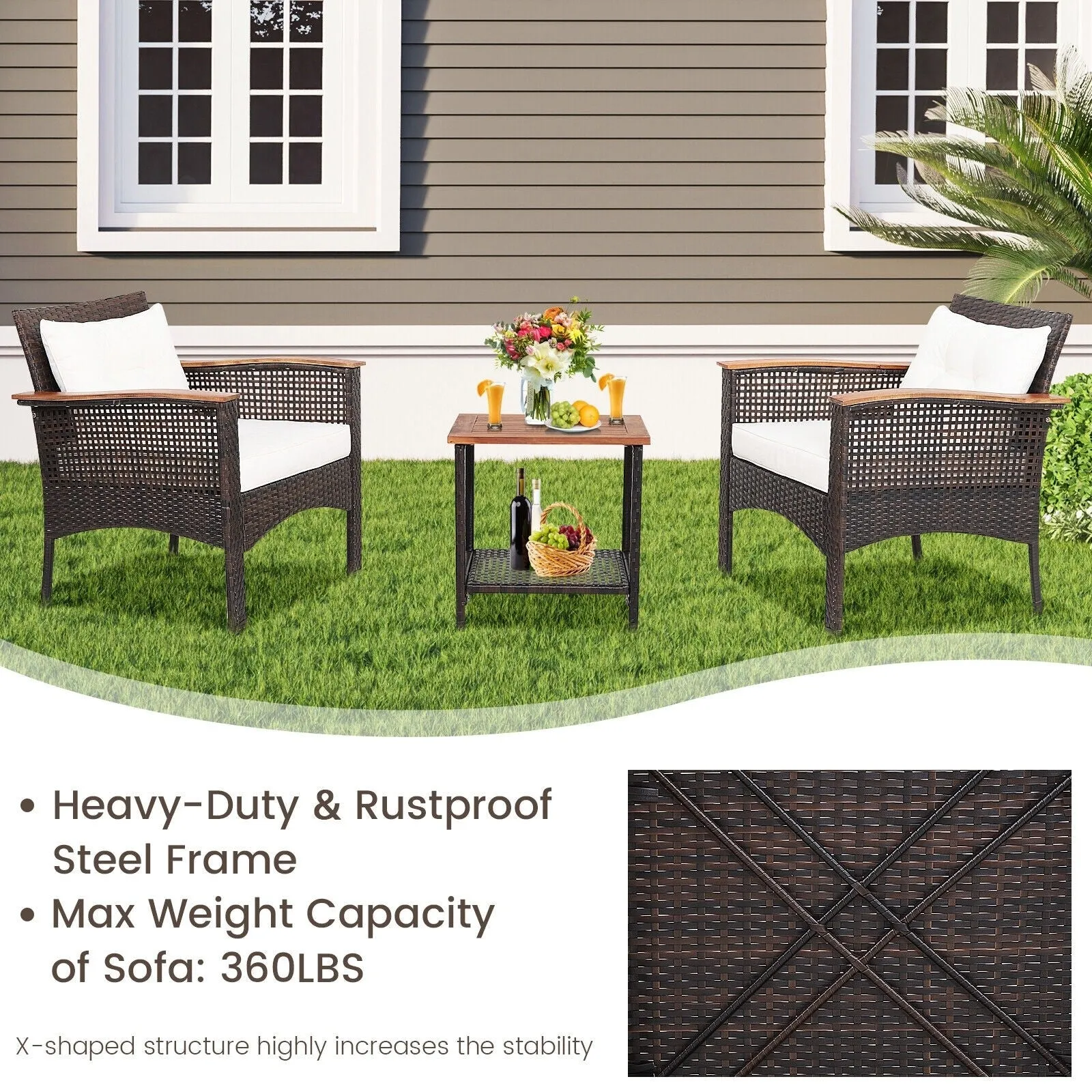 3pc Patio Rattan Furniture Set - Off White