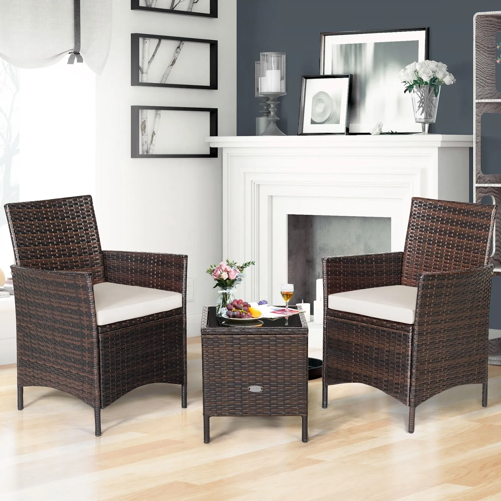 3pc Patio Rattan Furniture Set - White