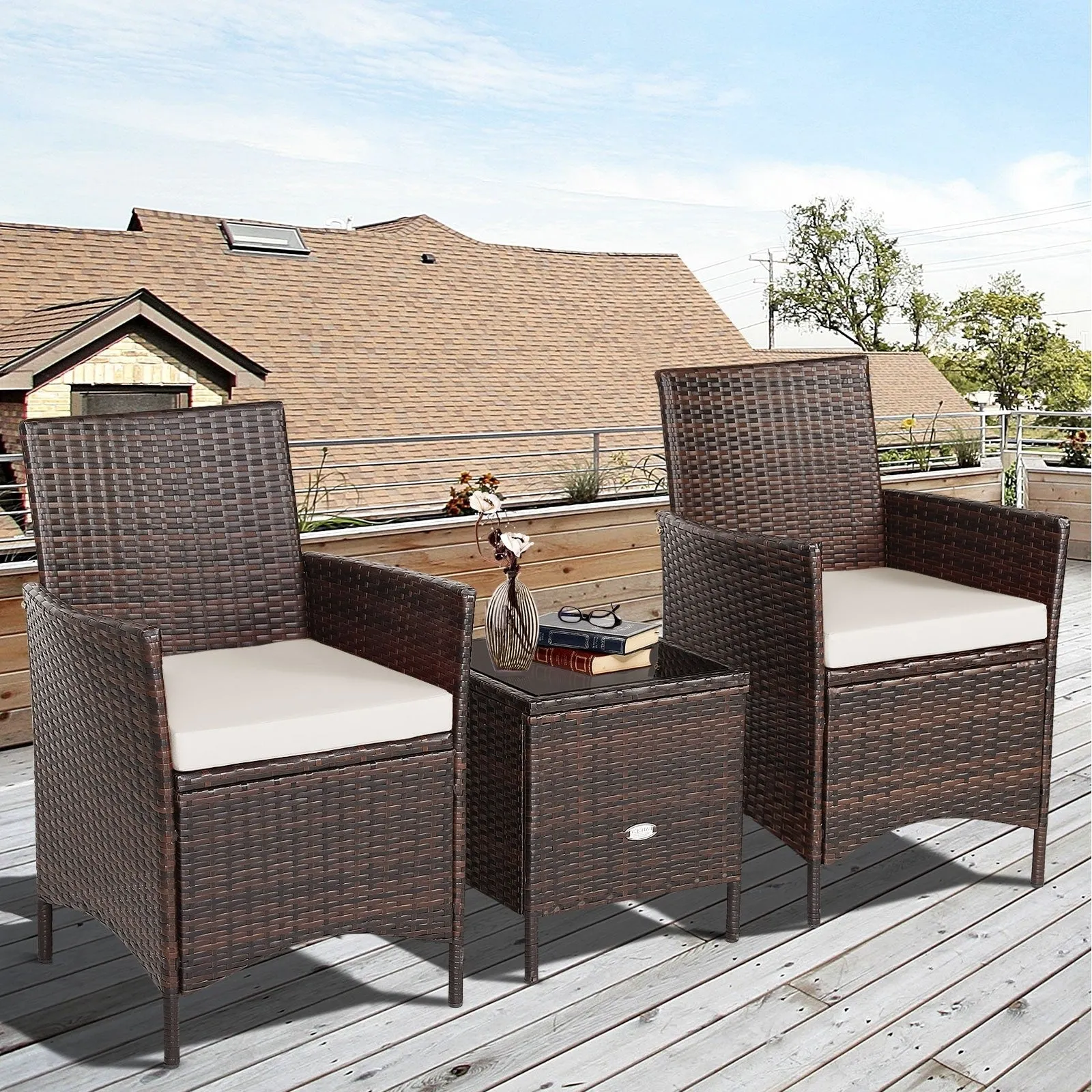 3pc Patio Rattan Furniture Set - White