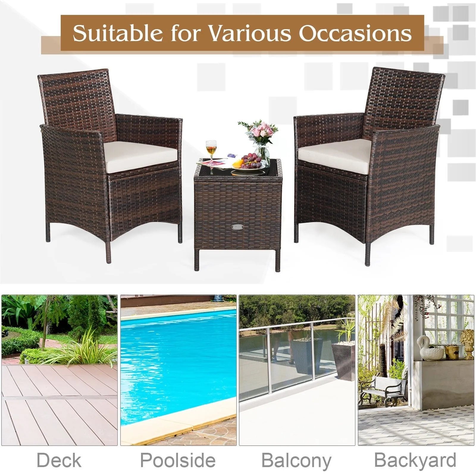 3pc Patio Rattan Furniture Set - White