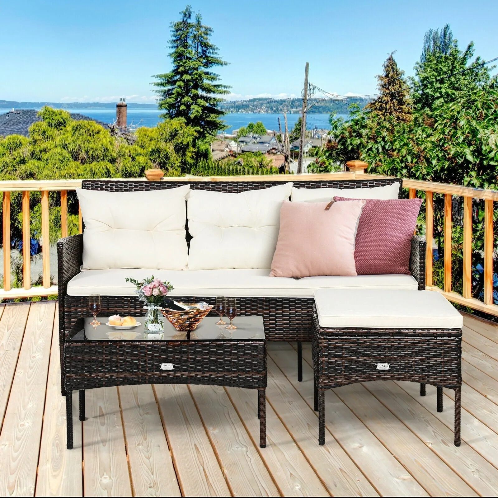 3pc Wicker Rattan Patio Conversation Set - White