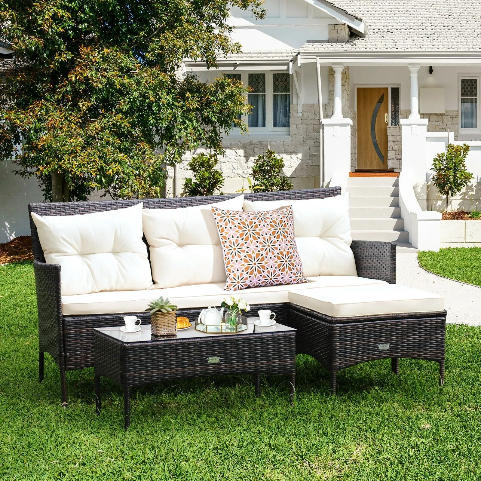 3pc Wicker Rattan Patio Conversation Set - White