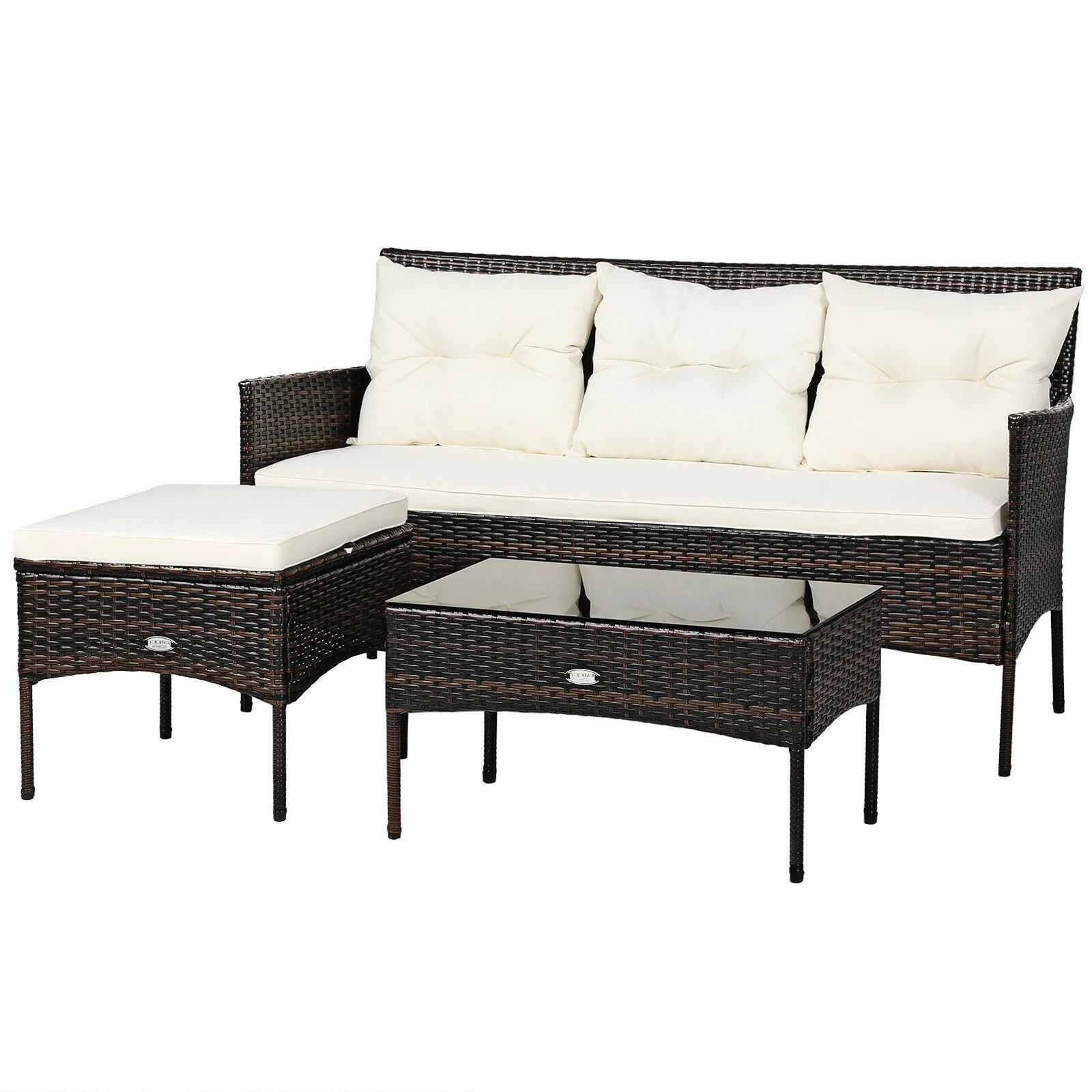 3pc Wicker Rattan Patio Conversation Set - White