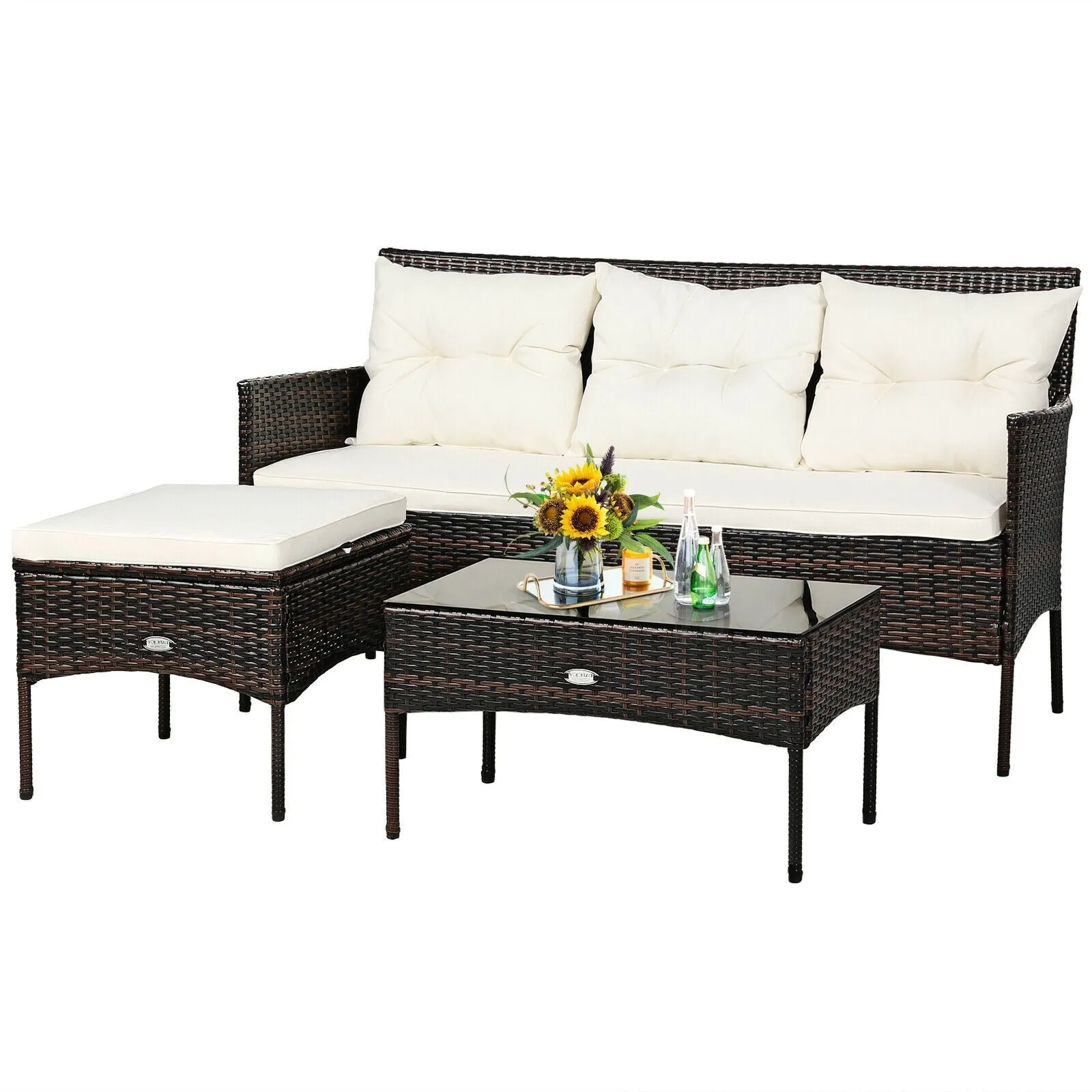 3pc Wicker Rattan Patio Conversation Set - White