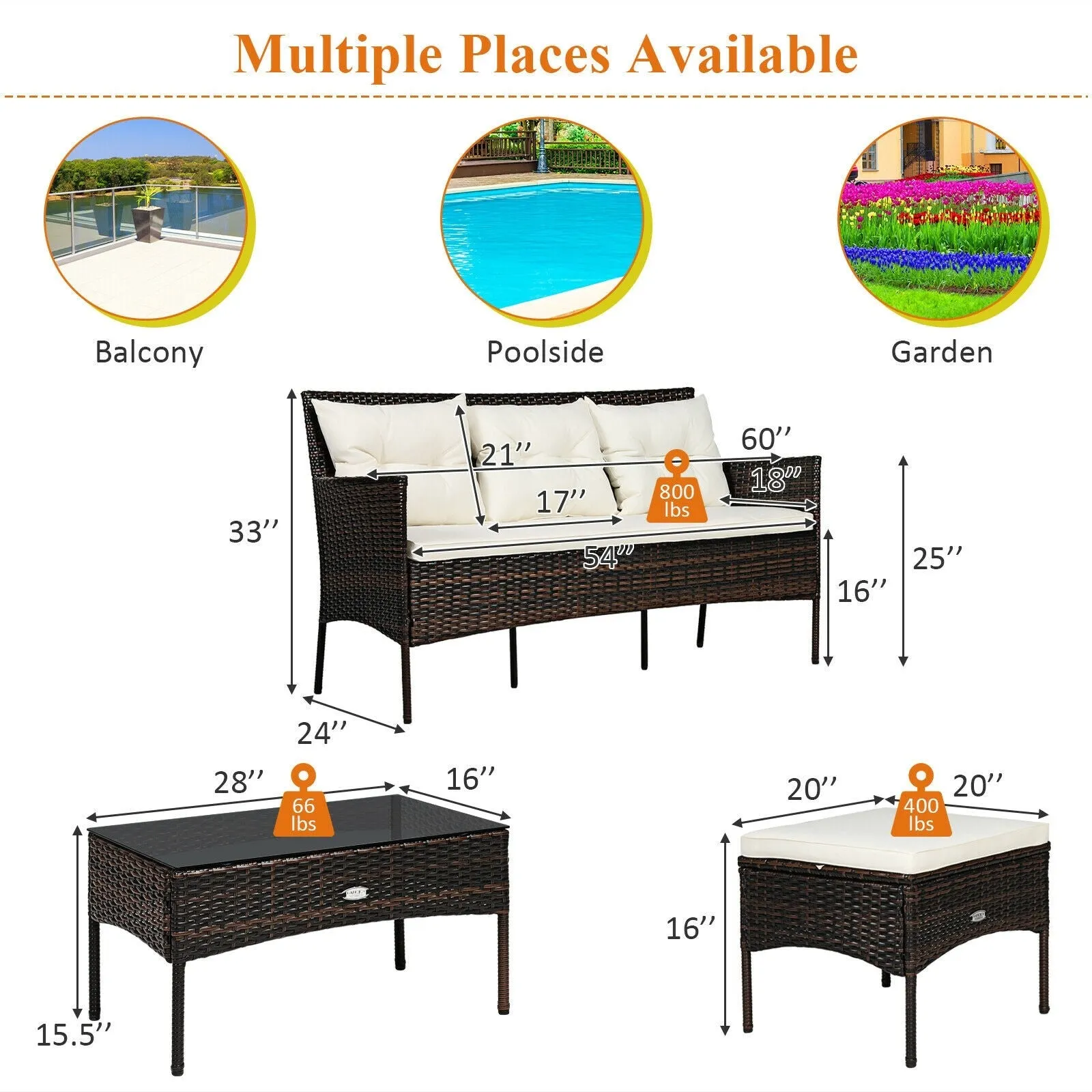 3pc Wicker Rattan Patio Conversation Set - White