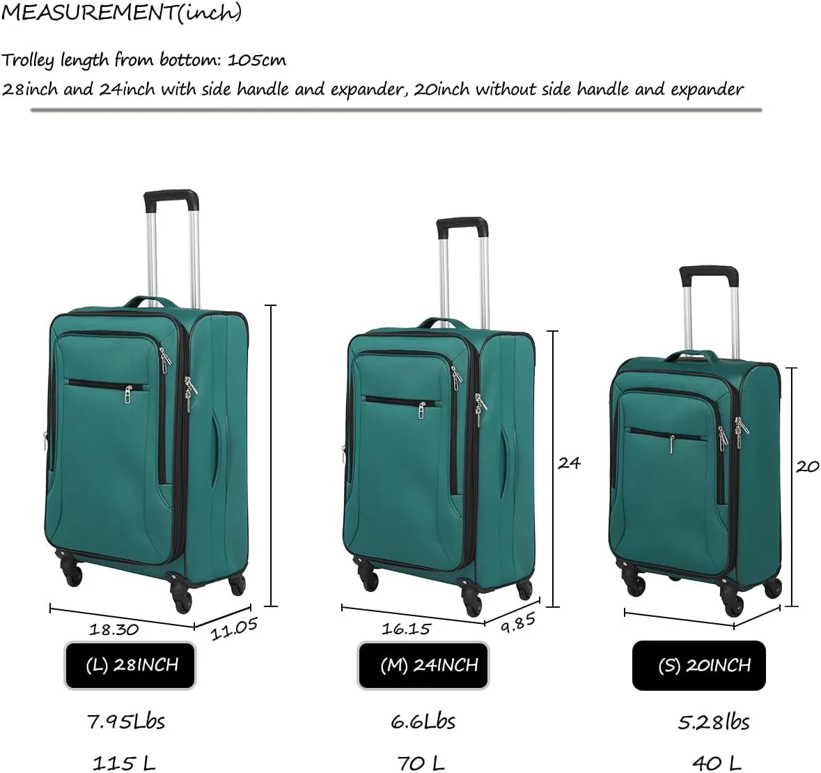3pcs Set Softside Luggage Sets With Spinner Wheels, Expandable Softshell Suitcase Set, 28inch, 24inch, 20inch luggage with front pocket, Lightweight fabric luggage(GREEN)