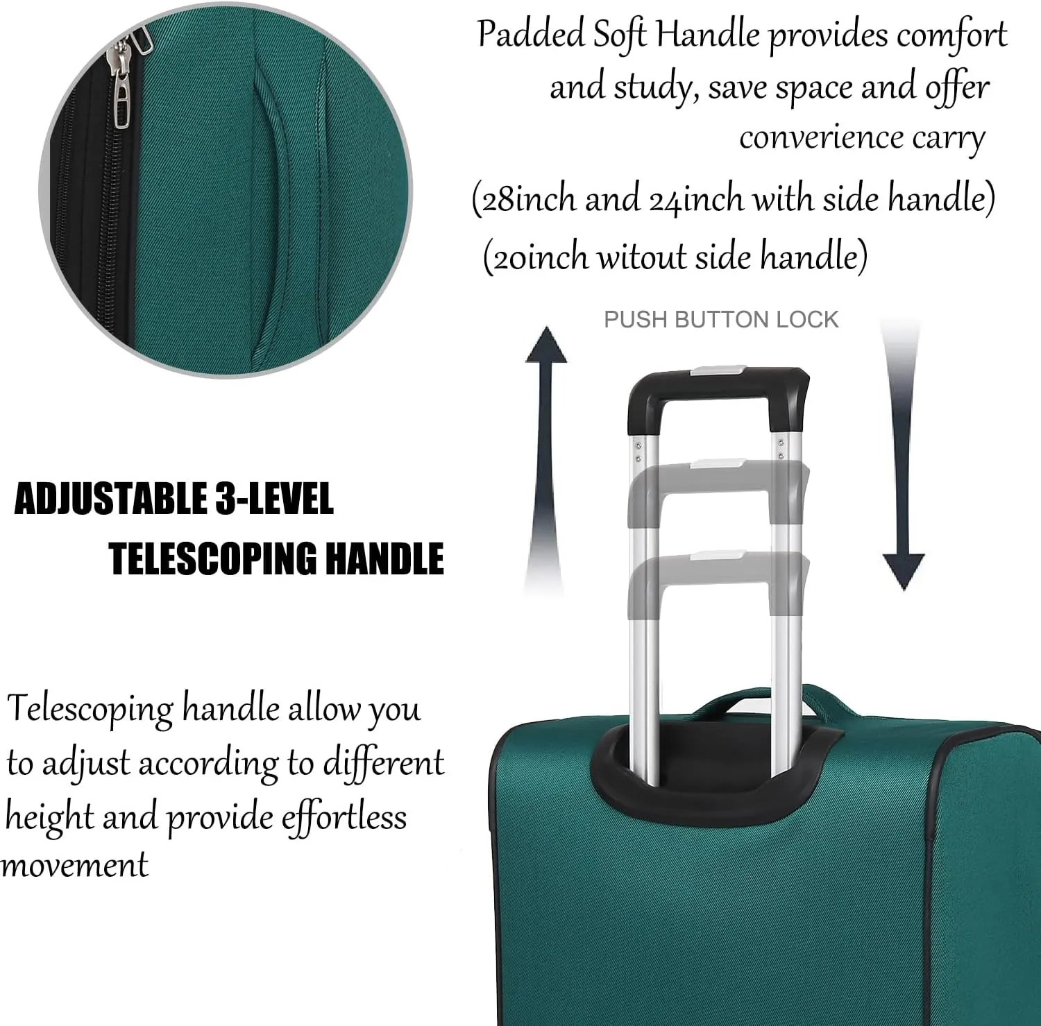 3pcs Set Softside Luggage Sets With Spinner Wheels, Expandable Softshell Suitcase Set, 28inch, 24inch, 20inch luggage with front pocket, Lightweight fabric luggage(GREEN)