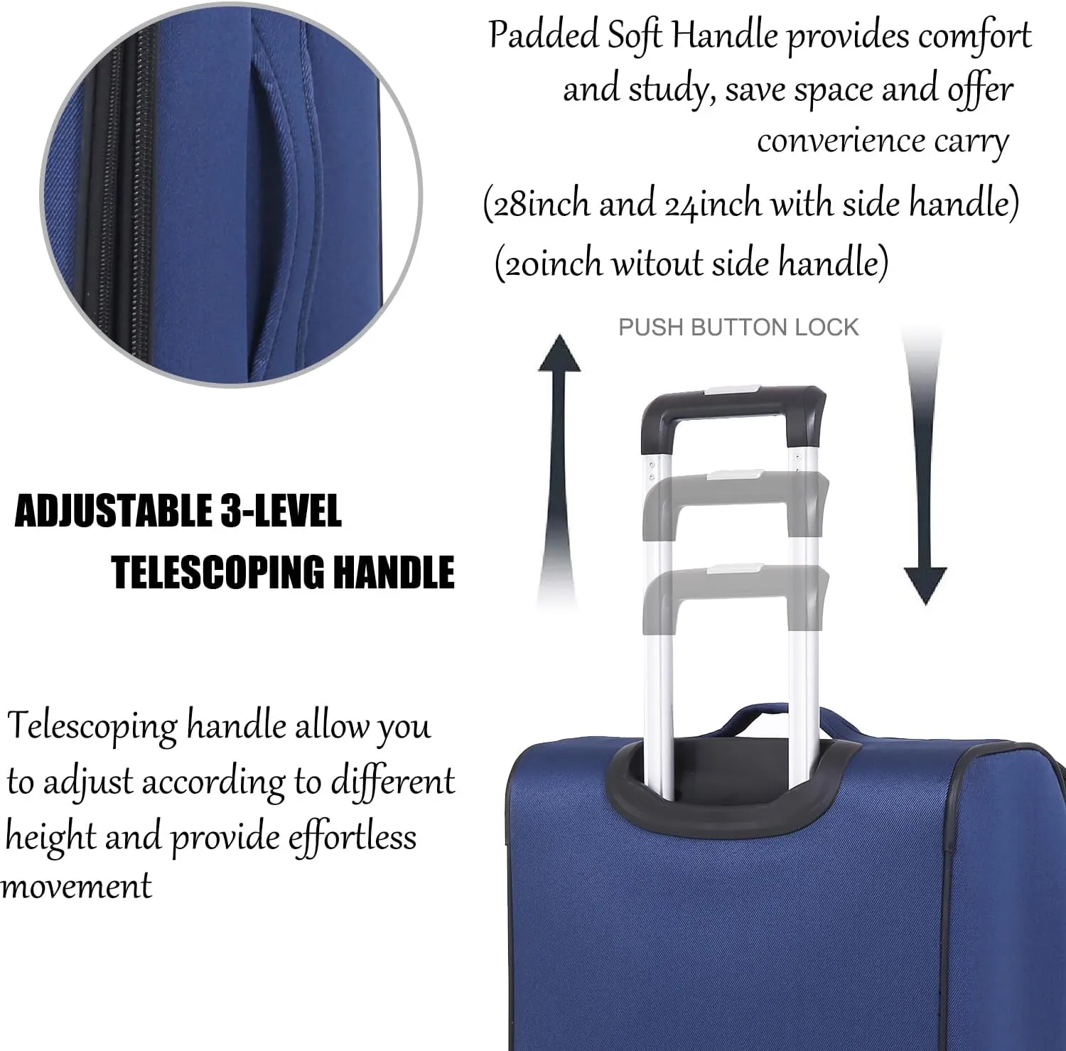 3pcs Set Softside Luggage Sets With Spinner Wheels, Expandable Softshell Suitcase Set with front pocket, 28inch, 24inch, 20inch Lightweight fabric luggage(BLUE)