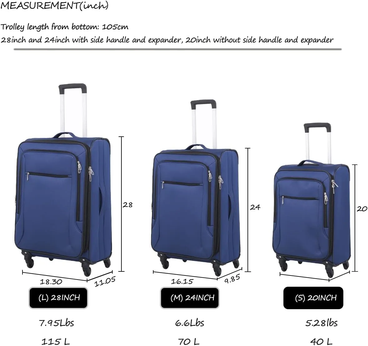 3pcs Set Softside Luggage Sets With Spinner Wheels, Expandable Softshell Suitcase Set with front pocket, 28inch, 24inch, 20inch Lightweight fabric luggage(BLUE)