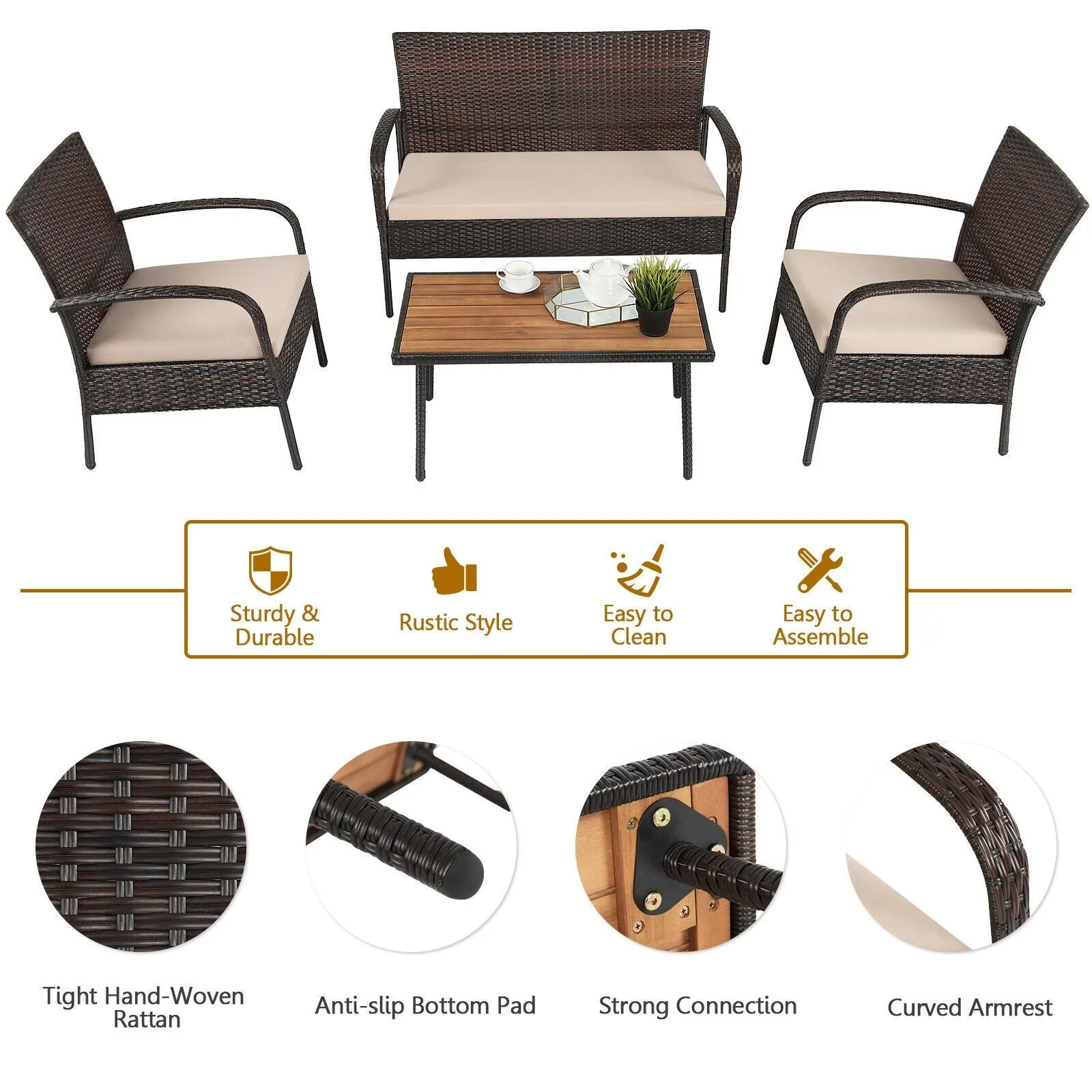 4pc Patio Rattan Outdoor Conversation Set