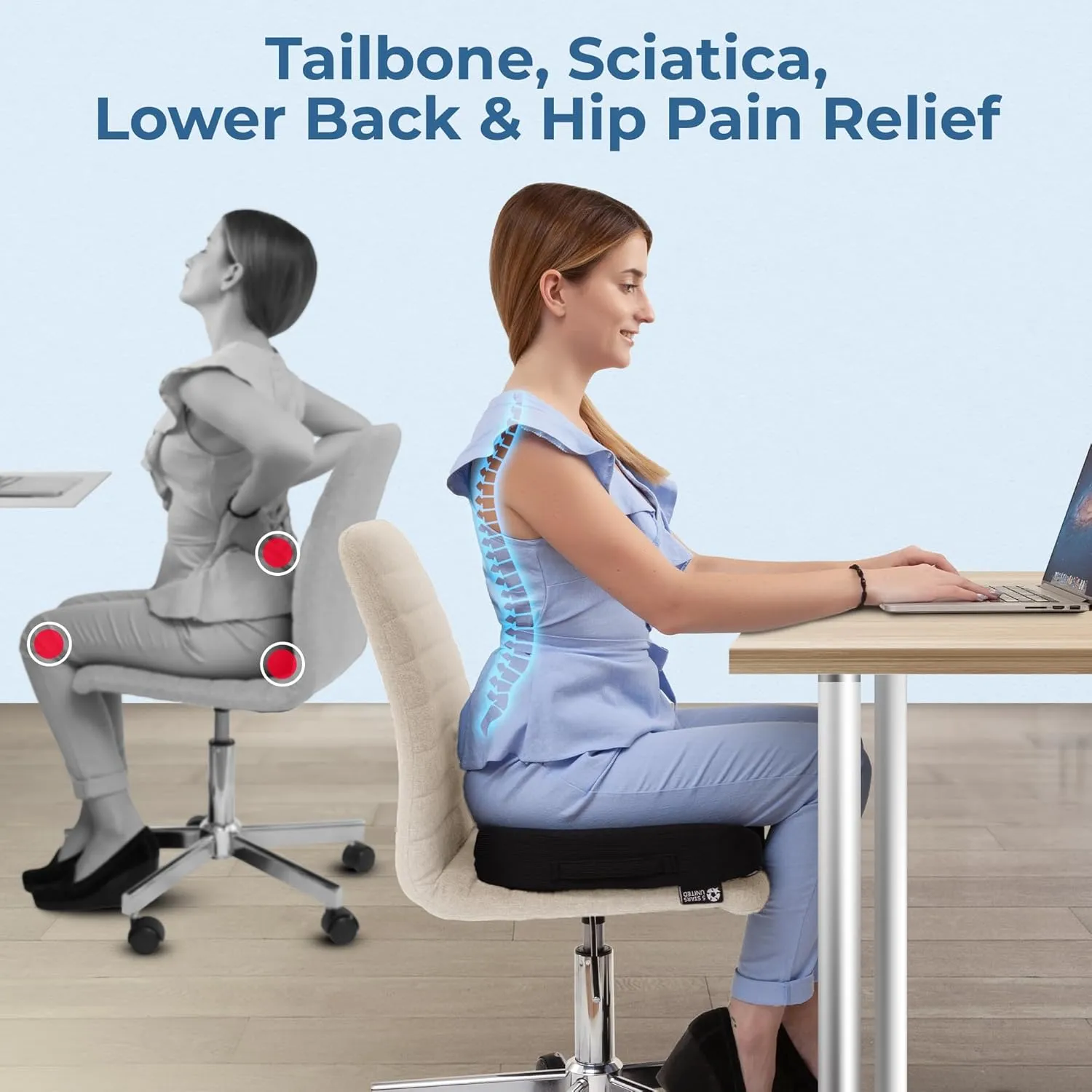 5 STARS UNITED Seat Cushion for Tailbone Pain Relief  Memory Foam Lifting Pillow for Coccyx, Hip, Hemorrhoid, Sciatica & Post-Surgery Recovery  Wheelchair, Car, Desk, Gaming & Office Chairs, Black