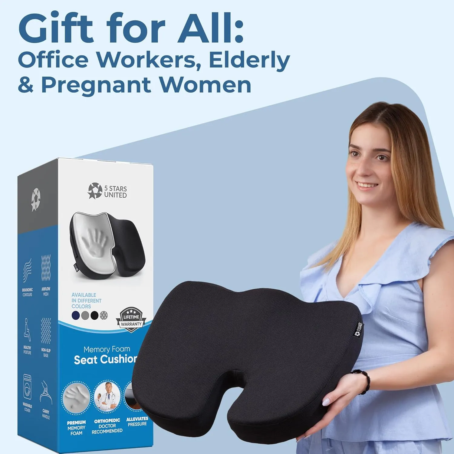 5 STARS UNITED Seat Cushion for Tailbone Pain Relief  Memory Foam Lifting Pillow for Coccyx, Hip, Hemorrhoid, Sciatica & Post-Surgery Recovery  Wheelchair, Car, Desk, Gaming & Office Chairs, Black