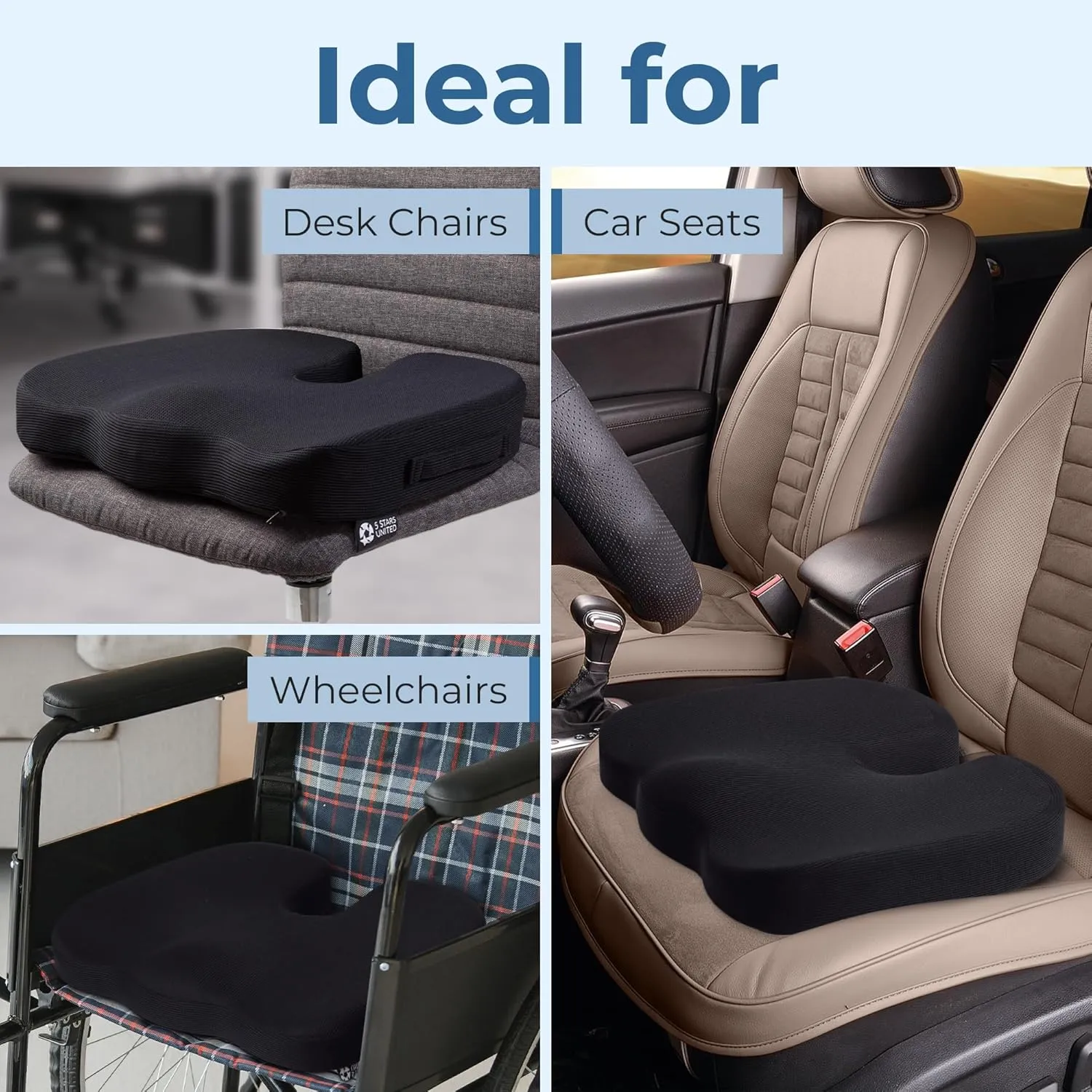 5 STARS UNITED Seat Cushion for Tailbone Pain Relief  Memory Foam Lifting Pillow for Coccyx, Hip, Hemorrhoid, Sciatica & Post-Surgery Recovery  Wheelchair, Car, Desk, Gaming & Office Chairs, D Gray