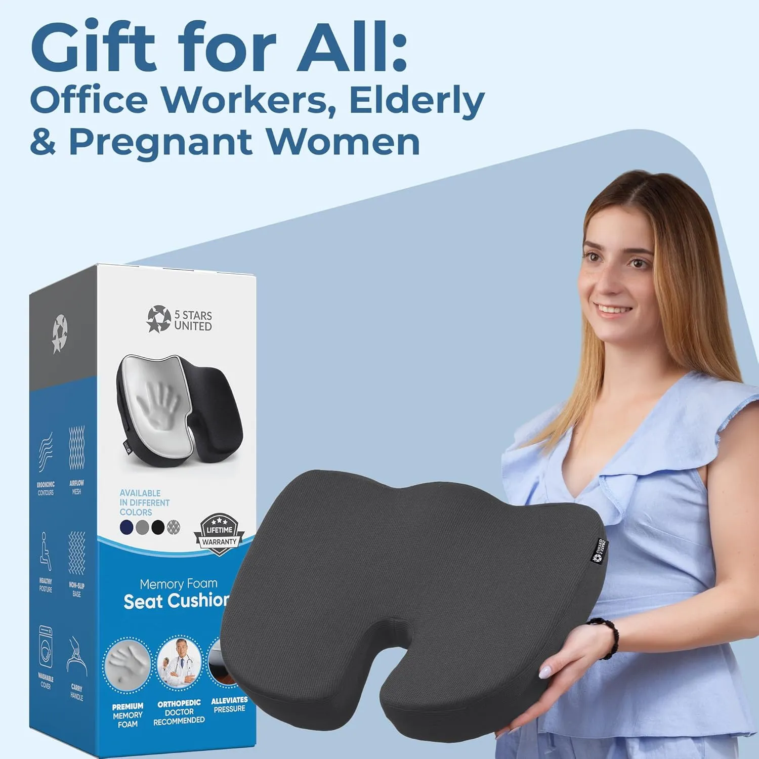 5 STARS UNITED Seat Cushion for Tailbone Pain Relief  Memory Foam Lifting Pillow for Coccyx, Hip, Hemorrhoid, Sciatica & Post-Surgery Recovery  Wheelchair, Car, Desk, Gaming & Office Chairs, D Gray