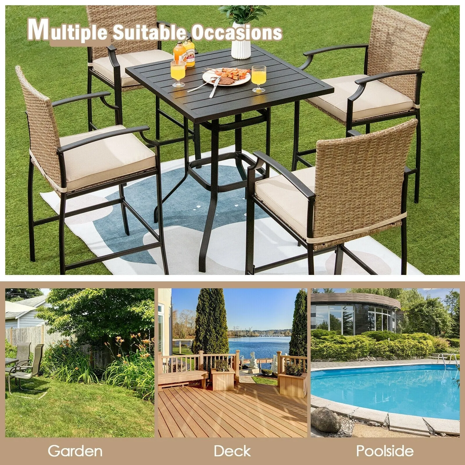 5pc Outdoor Rattan Bar Stool Table Set - Beige