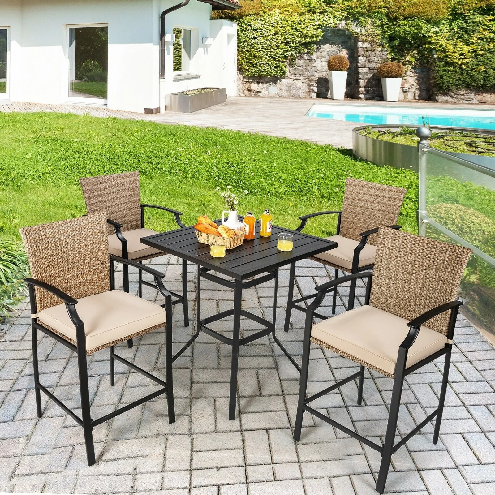 5pc Outdoor Rattan Bar Stool Table Set - Beige