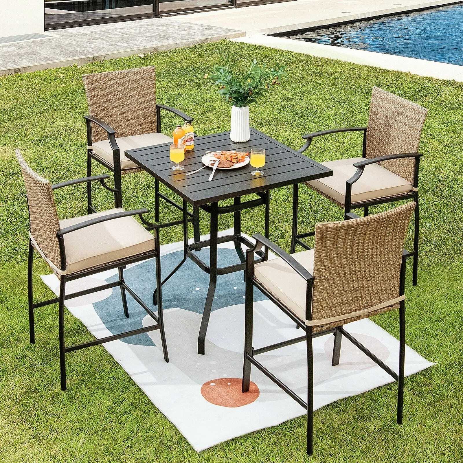 5pc Outdoor Rattan Bar Stool Table Set - Beige