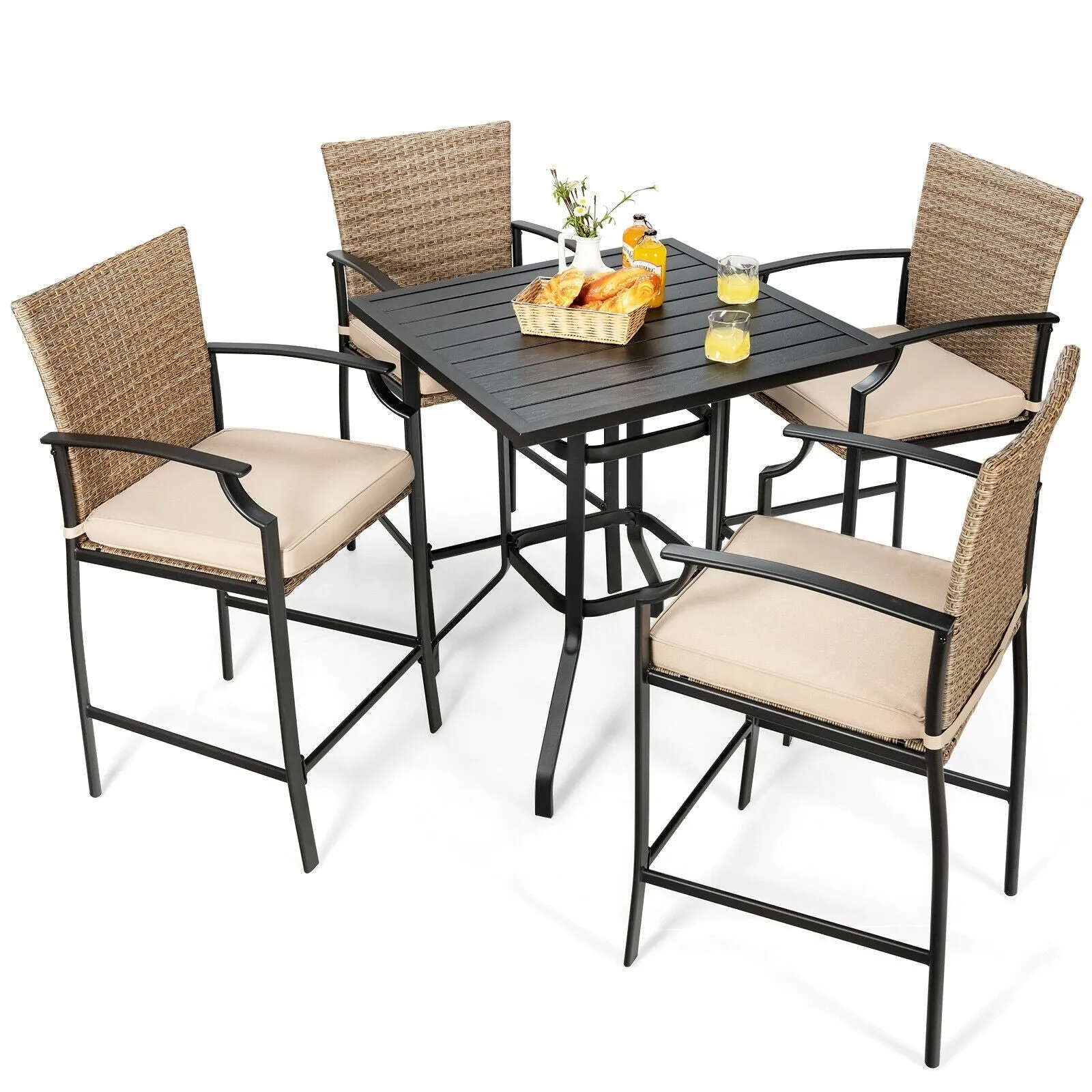 5pc Outdoor Rattan Bar Stool Table Set - Beige