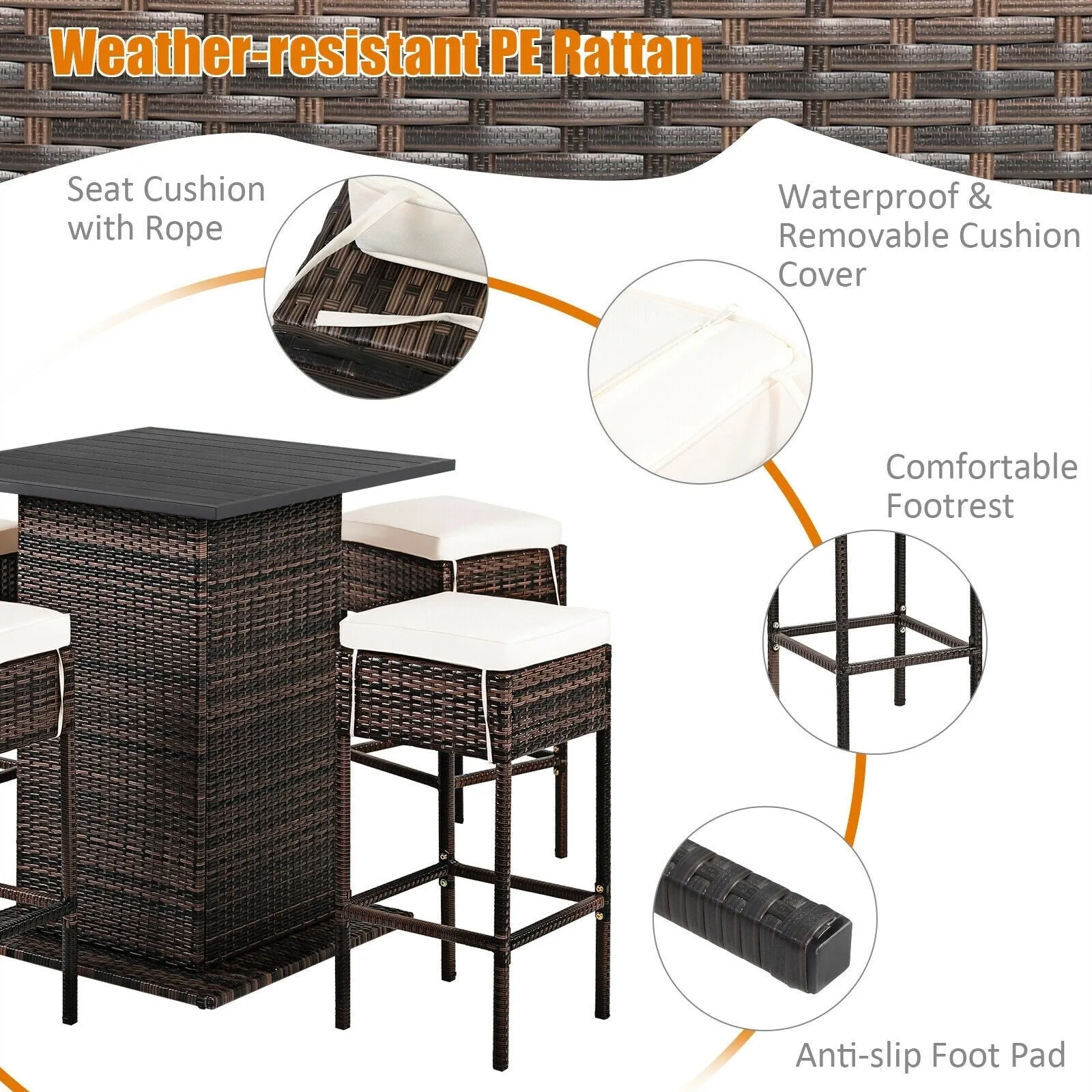 5pc Patio Rattan Bar Table Set - White