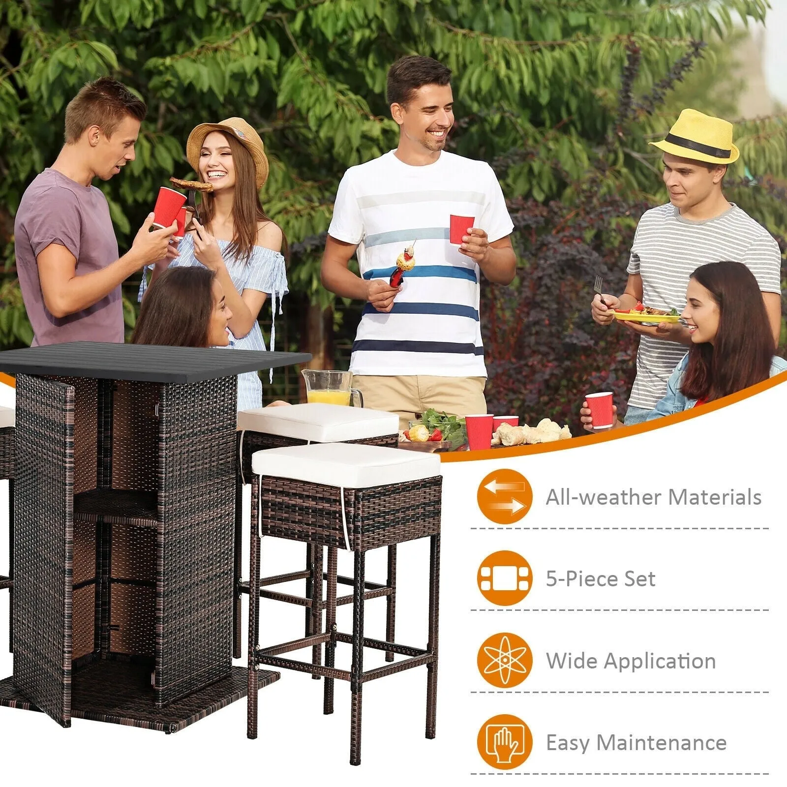 5pc Patio Rattan Bar Table Set - White