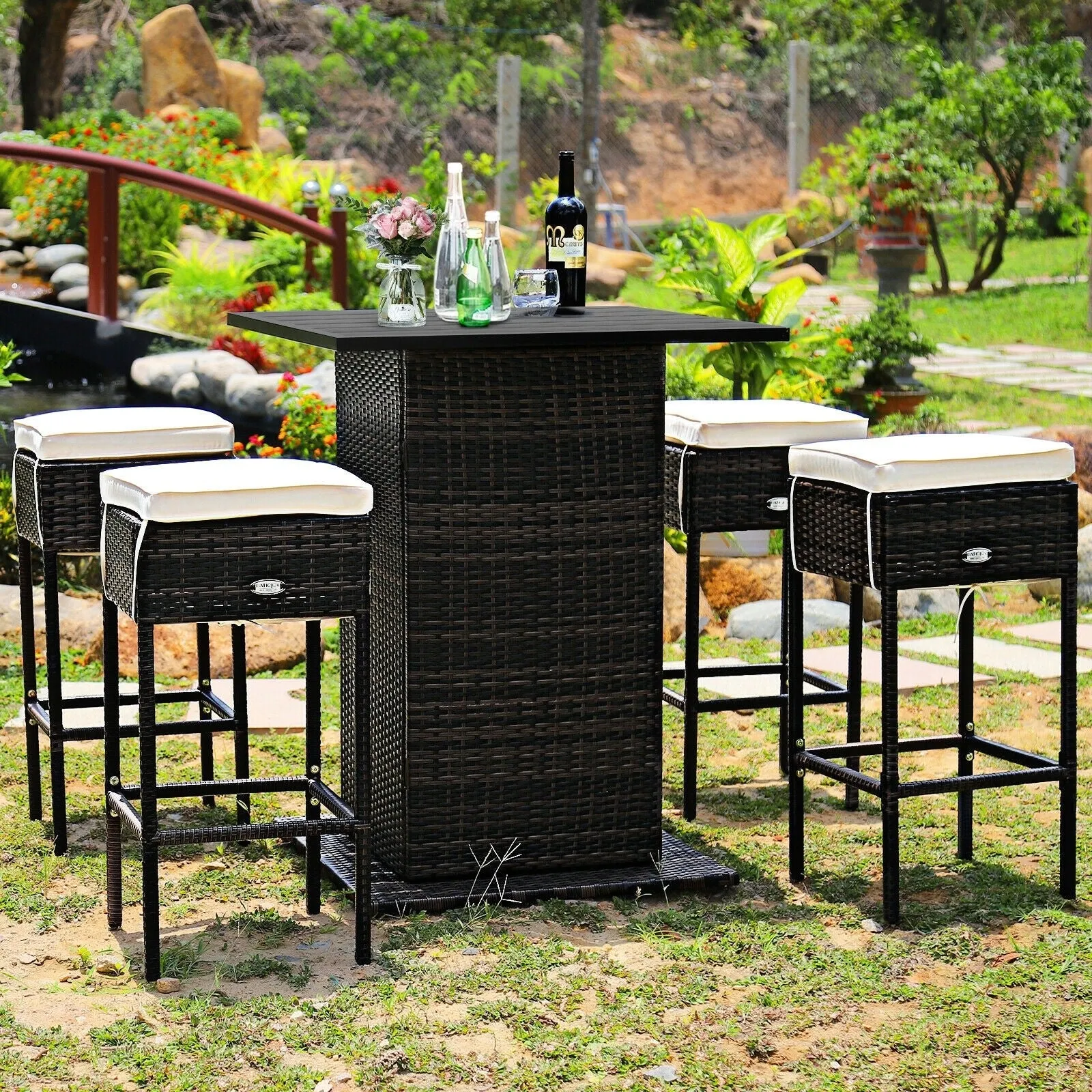 5pc Patio Rattan Bar Table Set - White