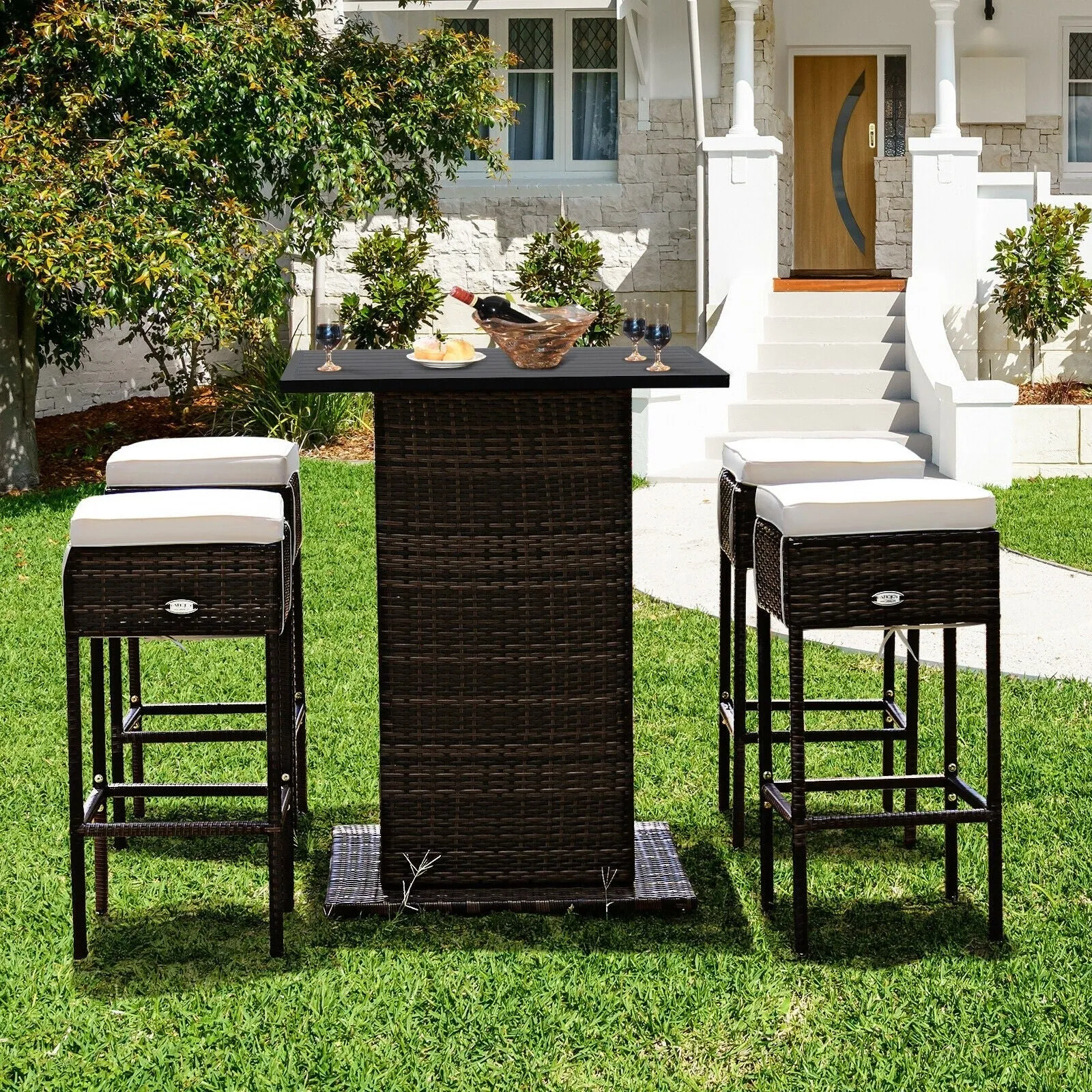 5pc Patio Rattan Bar Table Set - White