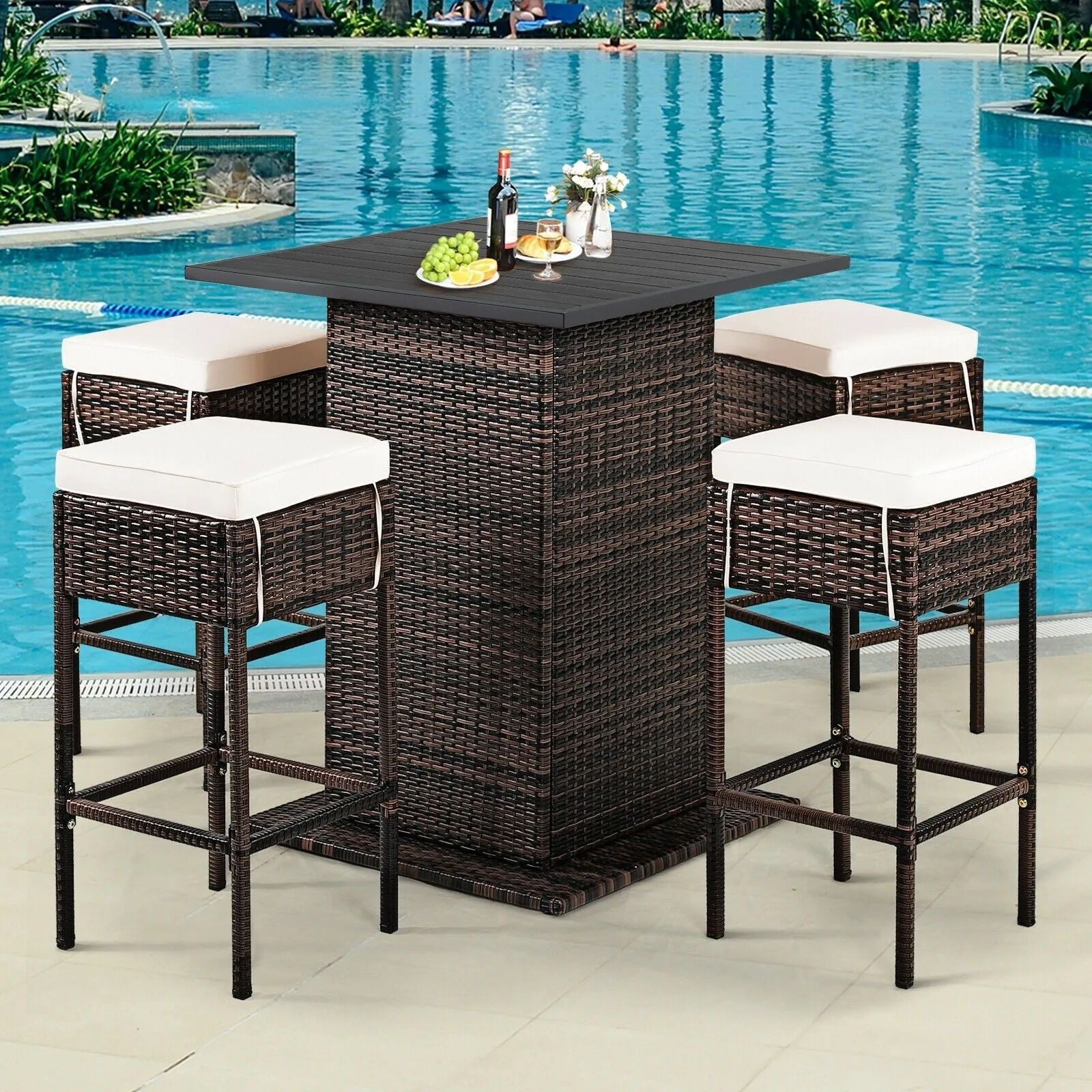 5pc Patio Rattan Bar Table Set - White