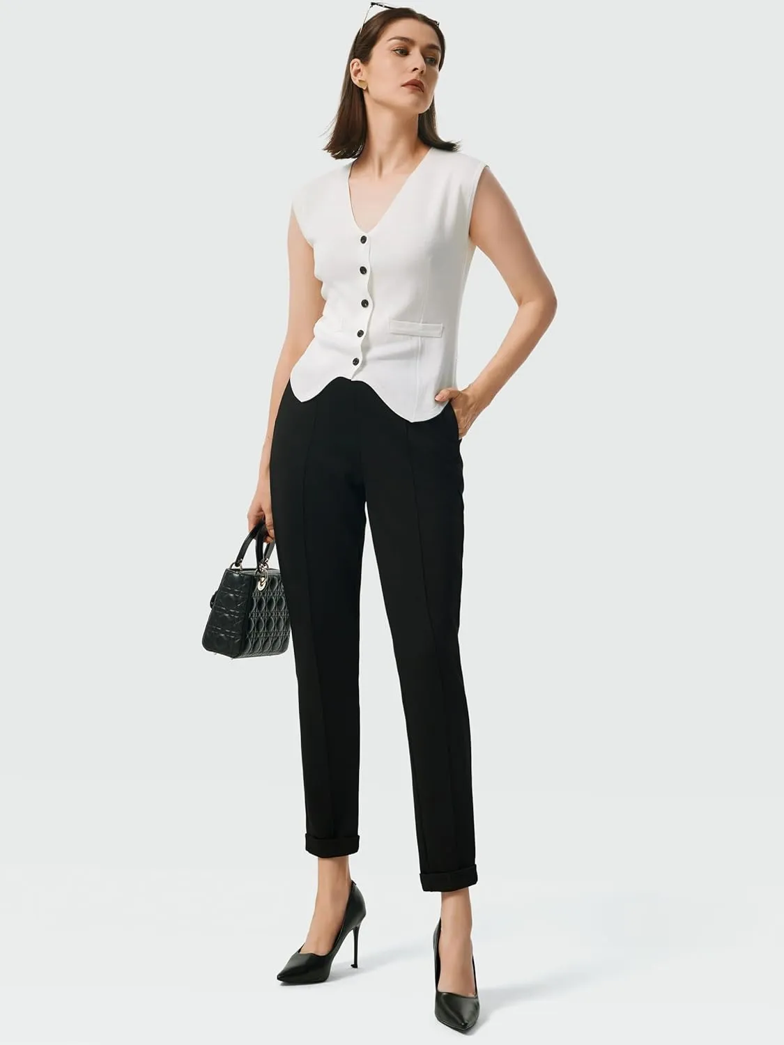 AFITNE Womens High Waisted Dress Casual Pants Stretchy Pull On Work Business Slacks Comfy Office Trousers with Pockets