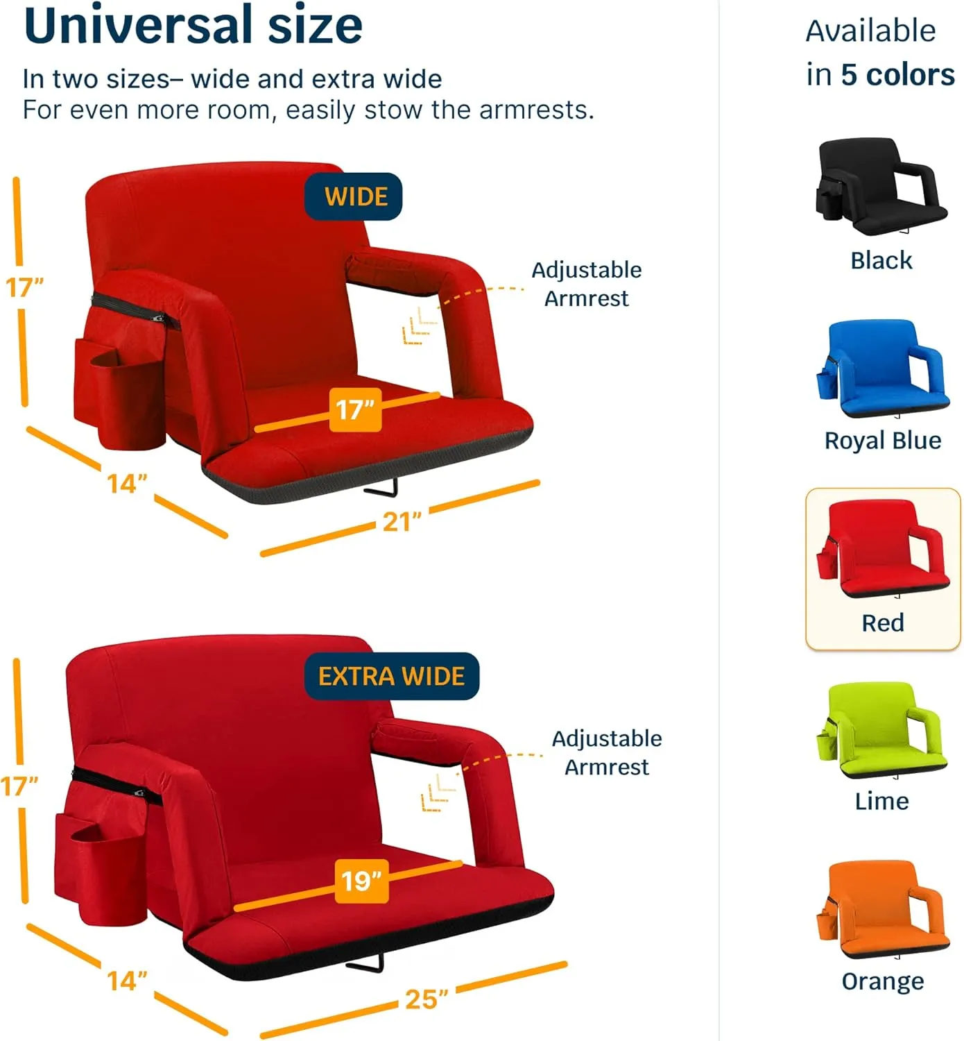 Alpcour Reclining Stadium Seat  Wide Bleacher Chair with Back Support and Cushion, Armrests, Side Pockets, and Bleachers Hook  Best Stadium Seats Chairs for Camping, Kayak, & Paddle Board Backs