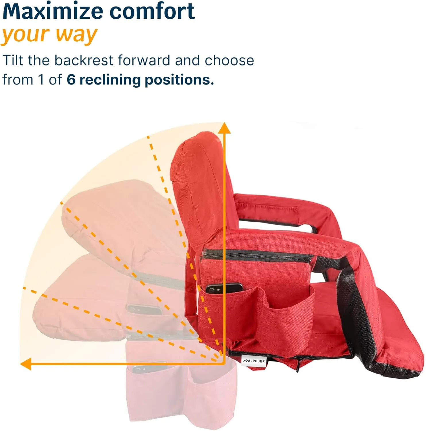 Alpcour Reclining Stadium Seat  Wide Bleacher Chair with Back Support and Cushion, Armrests, Side Pockets, and Bleachers Hook  Best Stadium Seats Chairs for Camping, Kayak, & Paddle Board Backs
