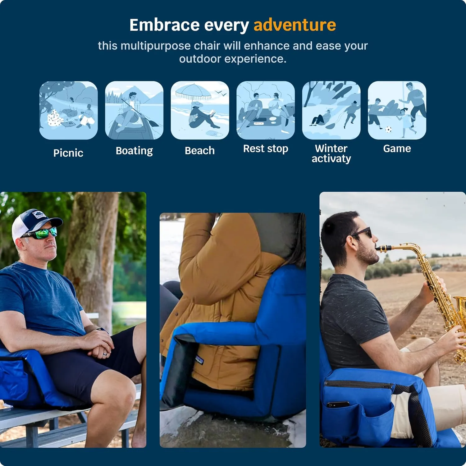 Alpcour Reclining Stadium Seat  Wide Bleacher Chair with Back Support and Cushion, Armrests, Side Pockets, and Bleachers Hook  Best Stadium Seats Chairs for Camping, Kayak, & Paddle Board Backs