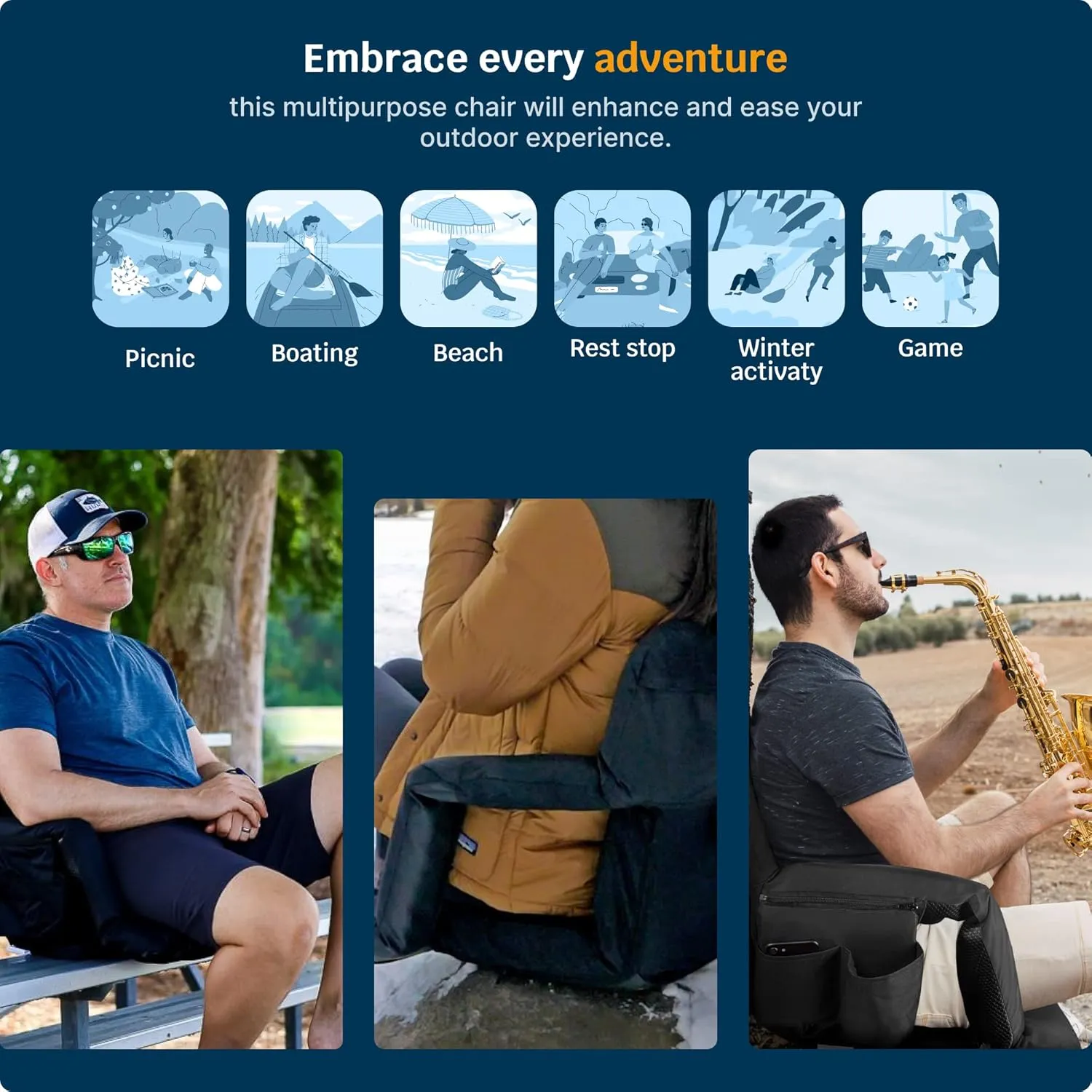 Alpcour Reclining Stadium Seat  Wide Bleacher Chair with Back Support and Cushion, Armrests, Side Pockets, and Bleachers Hook  Best Stadium Seats Chairs for Camping, Kayak, & Paddle Board Backs