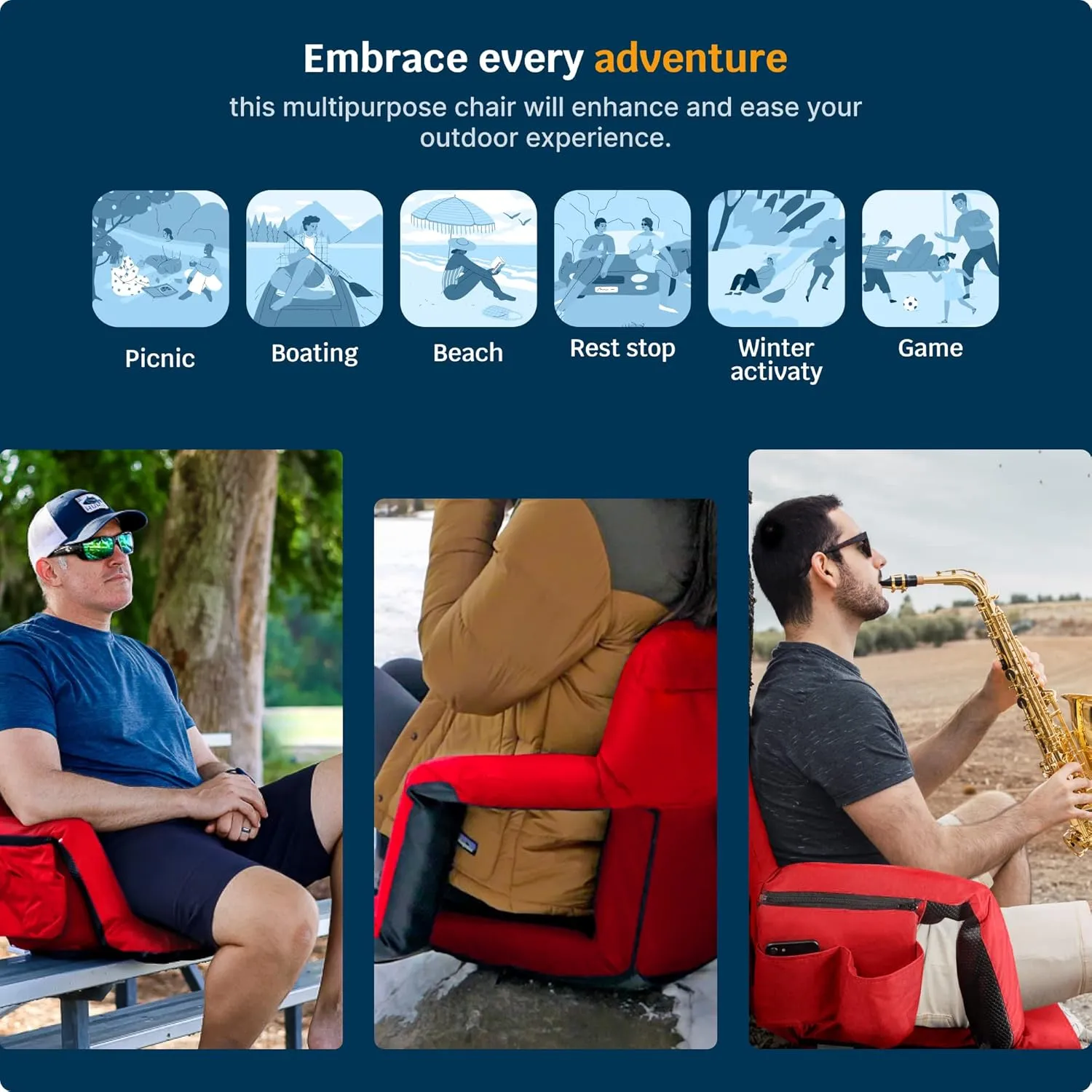 Alpcour Reclining Stadium Seat  Wide Bleacher Chair with Back Support and Cushion, Armrests, Side Pockets, and Bleachers Hook  Best Stadium Seats Chairs for Camping, Kayak, & Paddle Board Backs