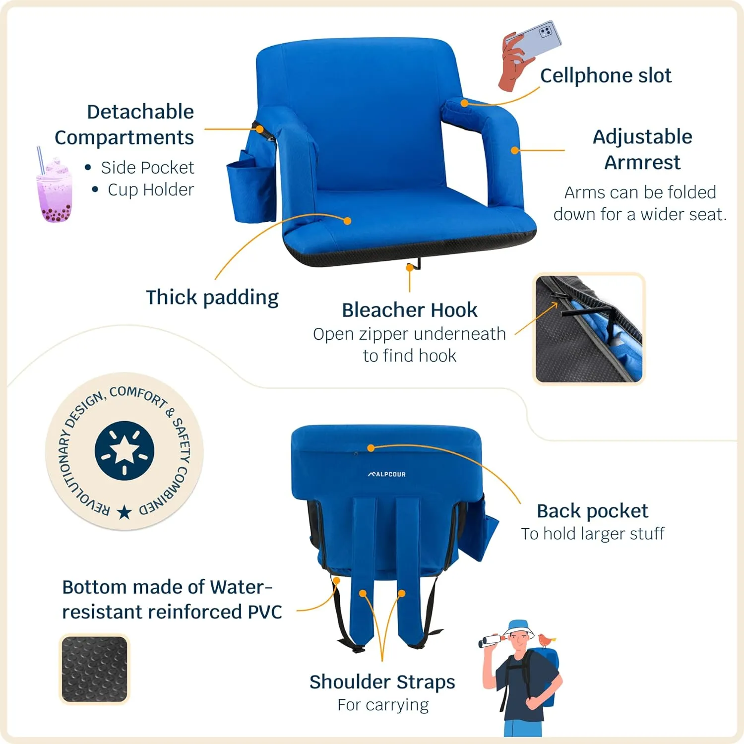 Alpcour Reclining Stadium Seat  Wide Bleacher Chair with Back Support and Cushion, Armrests, Side Pockets, and Bleachers Hook  Best Stadium Seats Chairs for Camping, Kayak, & Paddle Board Backs