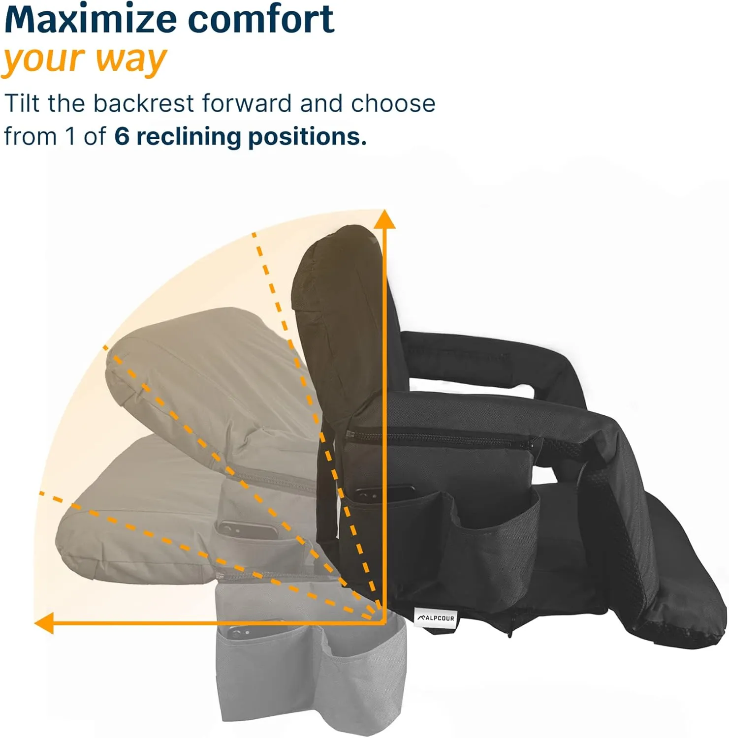 Alpcour Reclining Stadium Seat  Wide Bleacher Chair with Back Support and Cushion, Armrests, Side Pockets, and Bleachers Hook  Best Stadium Seats Chairs for Camping, Kayak, & Paddle Board Backs