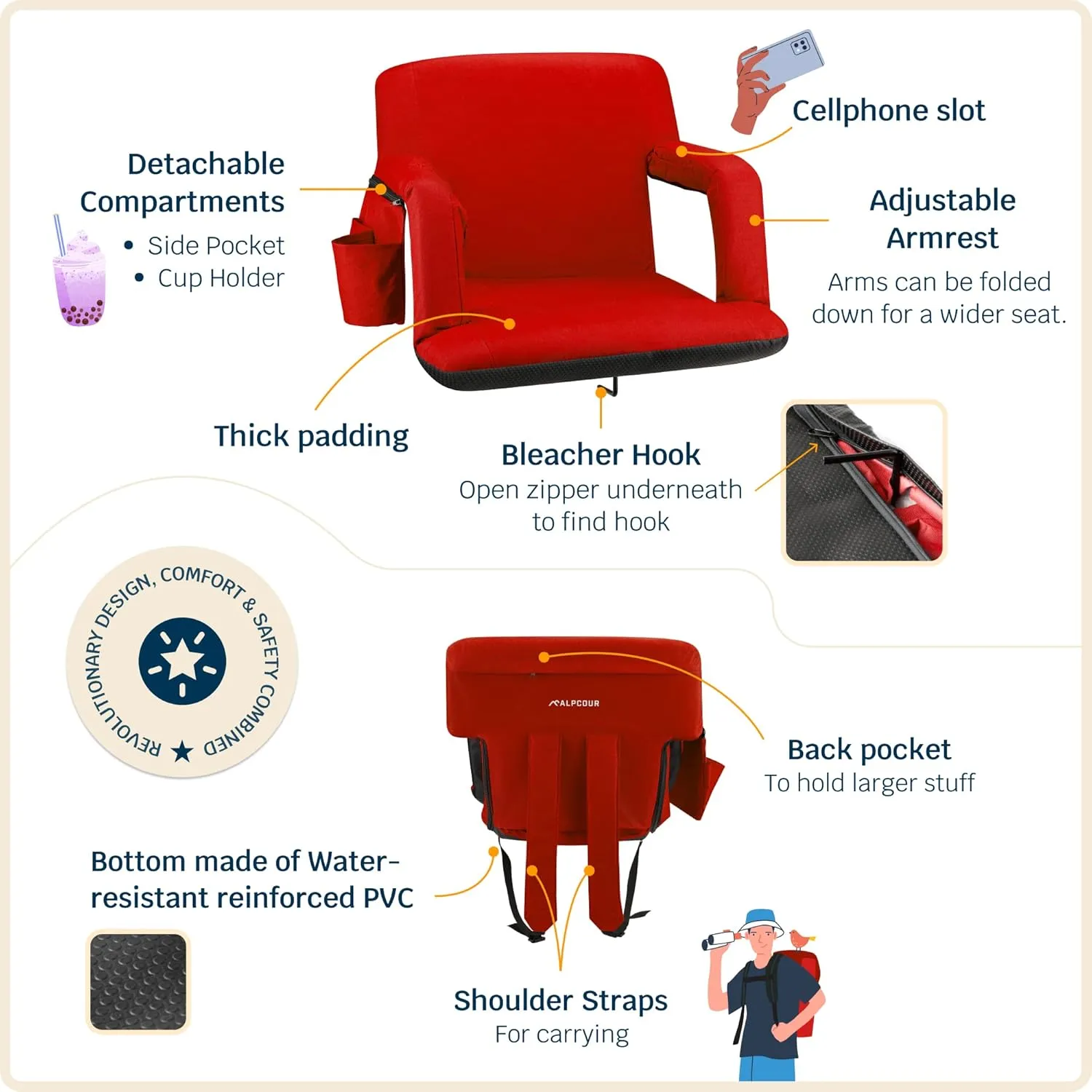 Alpcour Reclining Stadium Seat  Wide Bleacher Chair with Back Support and Cushion, Armrests, Side Pockets, and Bleachers Hook  Best Stadium Seats Chairs for Camping, Kayak, & Paddle Board Backs