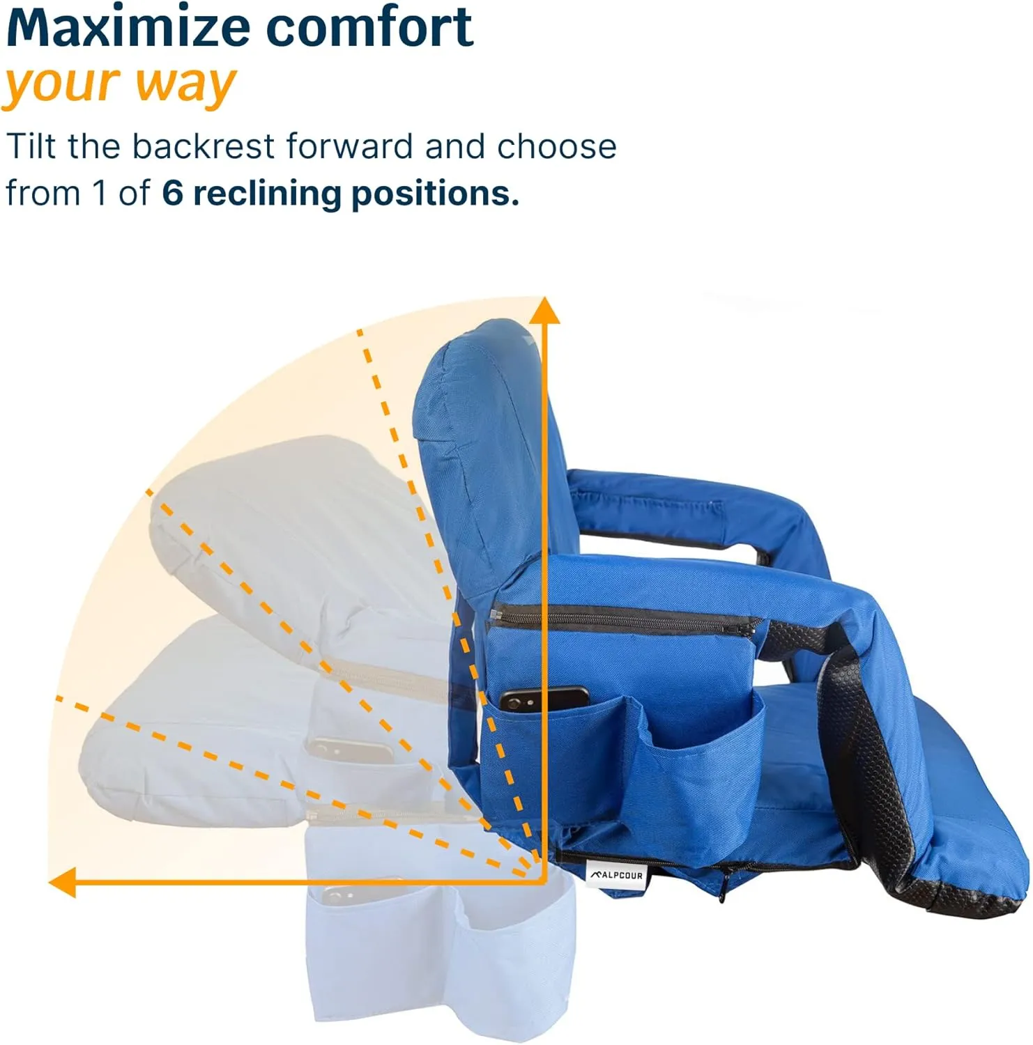 Alpcour Reclining Stadium Seat  Wide Bleacher Chair with Back Support and Cushion, Armrests, Side Pockets, and Bleachers Hook  Best Stadium Seats Chairs for Camping, Kayak, & Paddle Board Backs