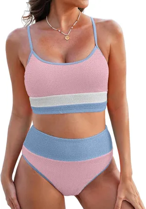 Herseas Women 2 Piece Bikini Set High Waisted Color Block Swimsuit 2025 Summer Beach Scrunch Ribbed Bathing Suit