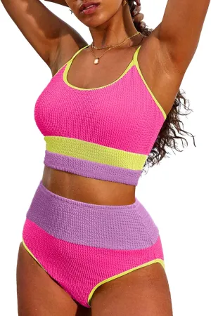 Herseas Women 2 Piece Bikini Set High Waisted Color Block Swimsuit 2025 Summer Beach Scrunch Ribbed Bathing Suit