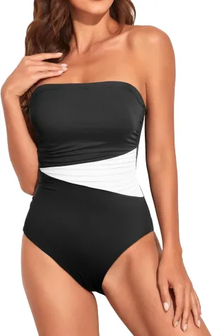 Holipick Women Tummy Control One Piece Swimsuits Strapless Bandeau Bathing Suits Slimming Halter Swimwear