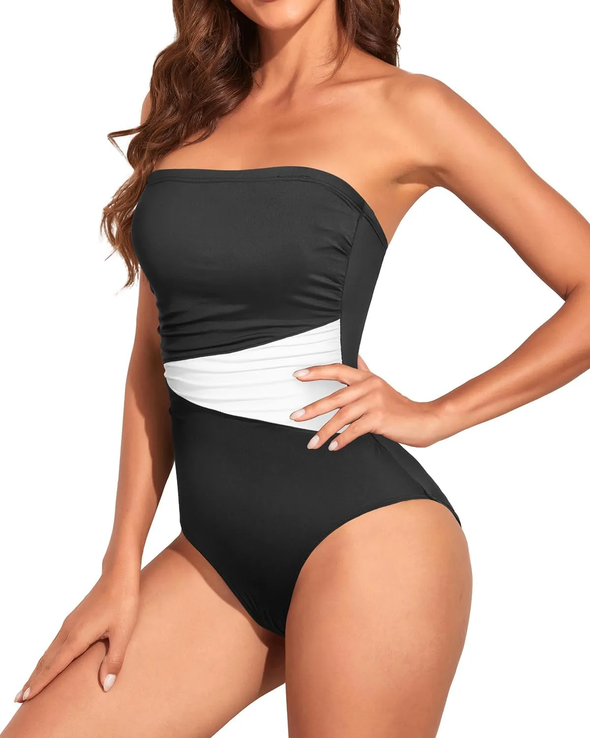 Holipick Women Tummy Control One Piece Swimsuits Strapless Bandeau Bathing Suits Slimming Halter Swimwear