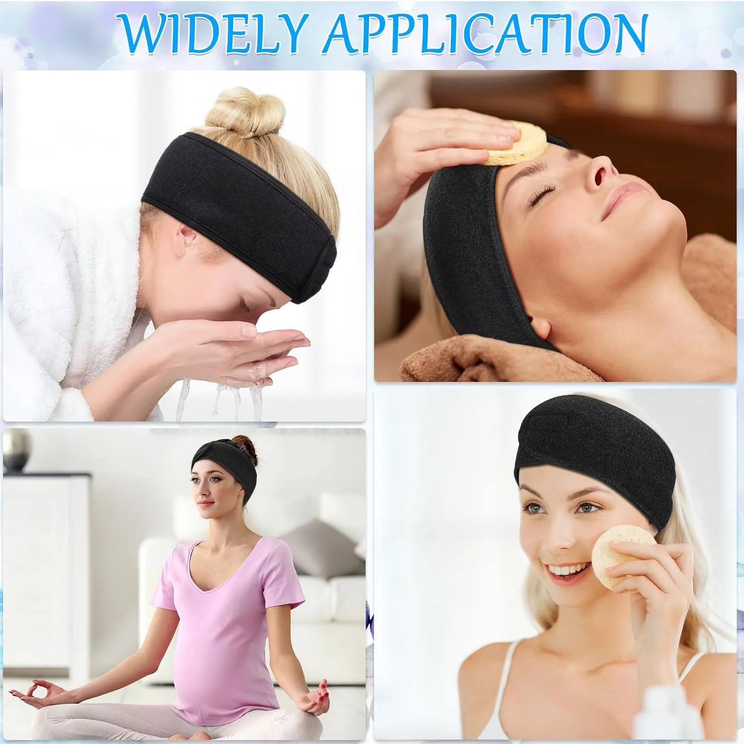 Hoteam 30 Pack Spa Headband Facial Esthetician Hair Wrap for Women Adjustable Makeup Sports Shower Stretch Towel with Tape(Black)