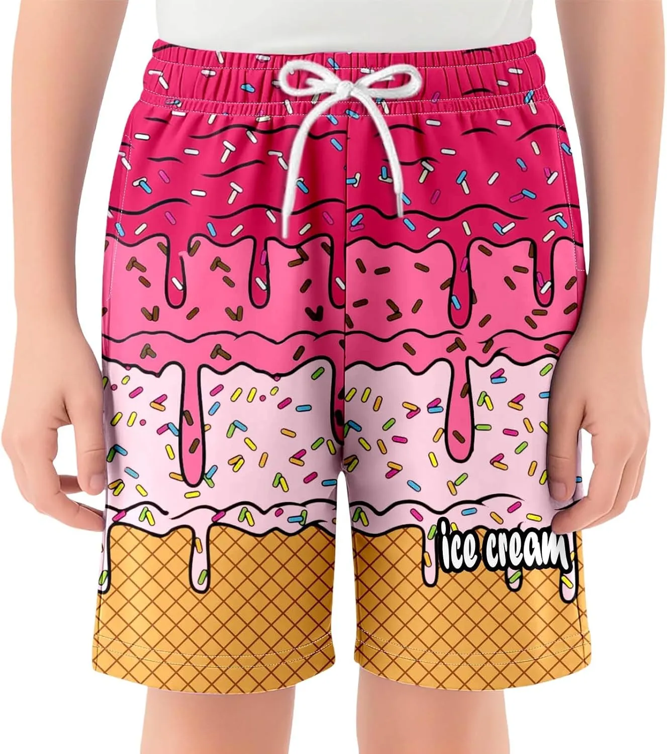 Ice Cream Boy Baseball Shorts Waffle Or Cone Quick Dry Preppy Shorts,Kids Ice Cream Drip Track Short Pants 2-14 Years