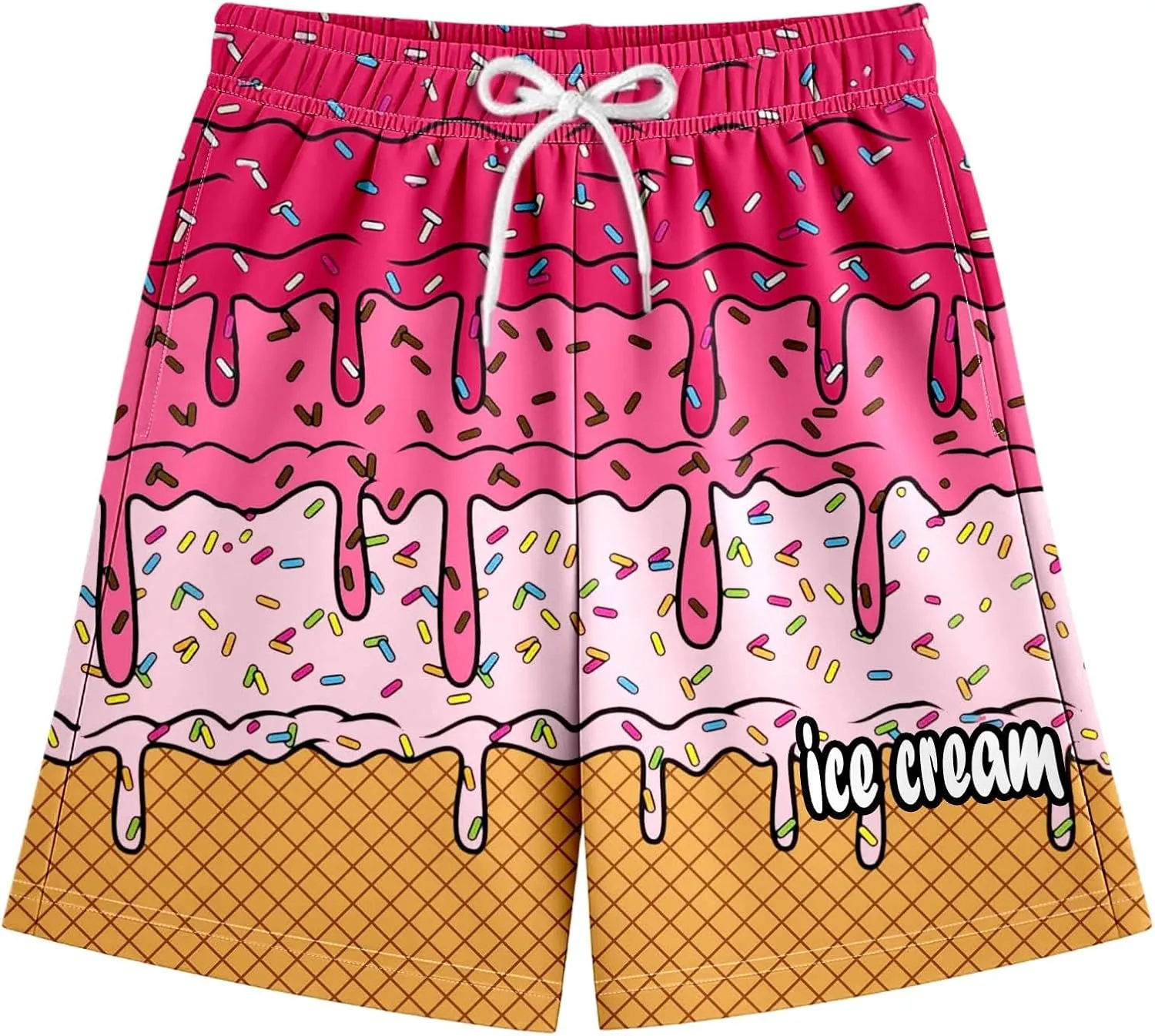 Ice Cream Boy Baseball Shorts Waffle Or Cone Quick Dry Preppy Shorts,Kids Ice Cream Drip Track Short Pants 2-14 Years