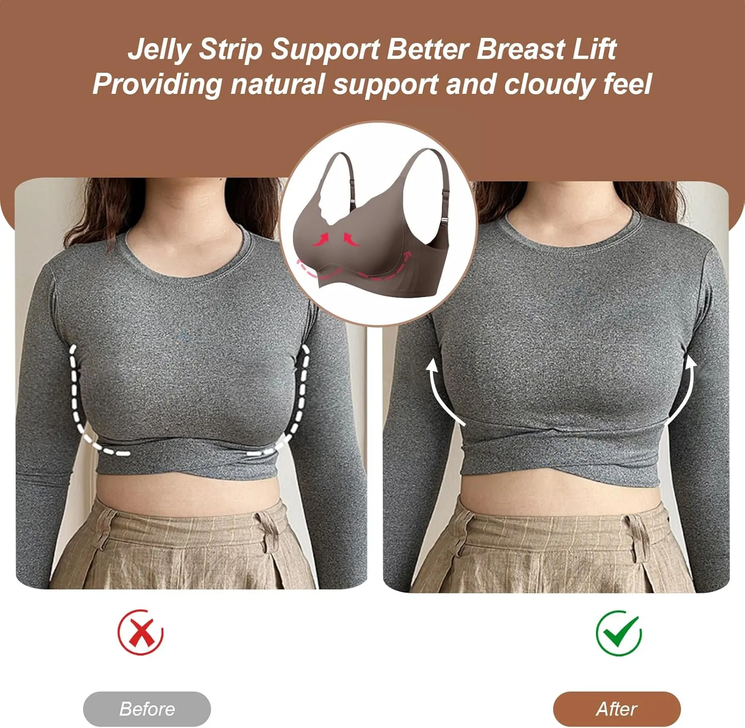 OEAK Womens Comfortable Wireless Bras Push Up Seamless Bralettes Soft V Neck Brassiere Scalloped Full Coverage Everyday Bra