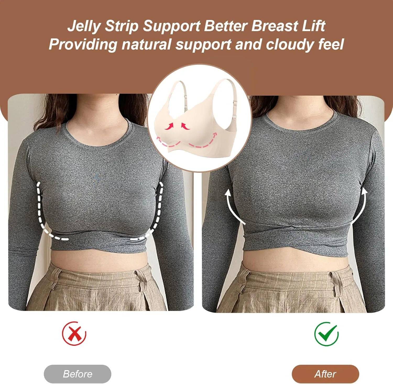 OEAK Womens Comfortable Wireless Bras Push Up Seamless Bralettes Soft V Neck Brassiere Scalloped Full Coverage Everyday Bra