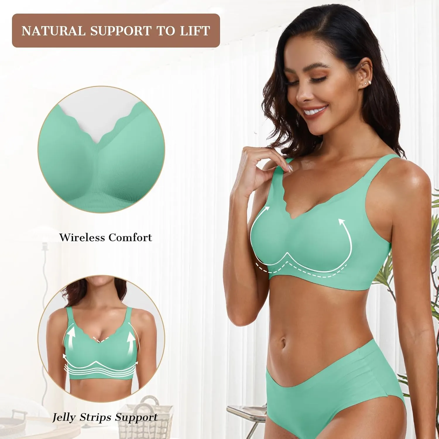 OEAK Womens Comfortable Wireless Bras Push Up Seamless Bralettes Soft V Neck Brassiere Scalloped Full Coverage Everyday Bra